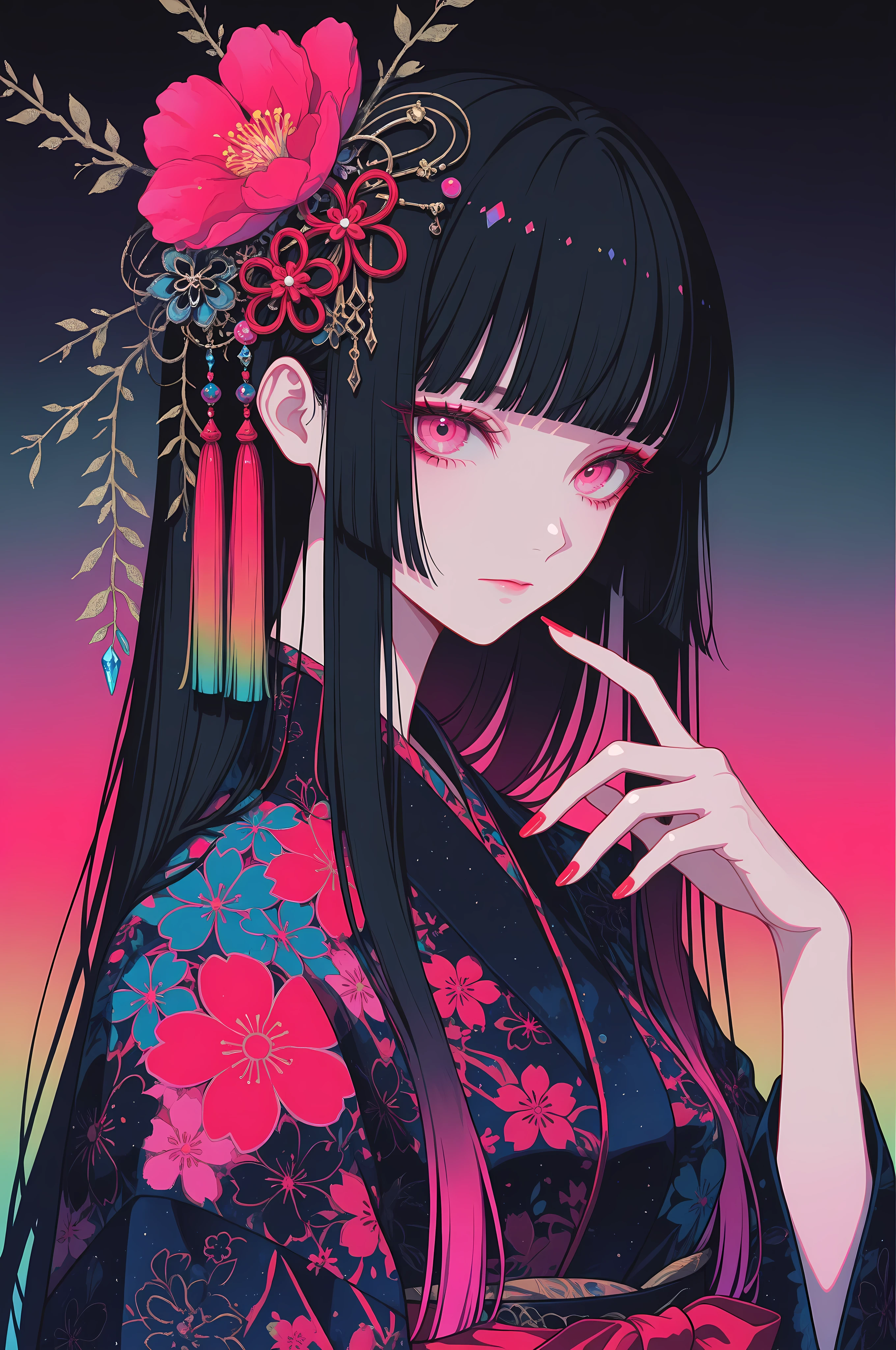 woman, solo, ethereal, crystal red nails, looking at viewer, bangs, pink eyes, long hair, black hair, hair ornament, hand up, flower, blunt bangs, closed mouth, tassel, ribbon, portrait, colorful, gradient background, floral yukata, multicolored hair, upper body,