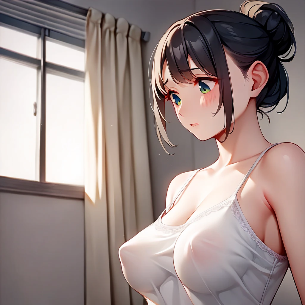 Highest quality,masterpiece,8k,Open your feet wide、 1 person, alone, Black Hair, Ponytail Hair,White underwear、 (Ripped underwear, Lace underwear、See-through underwear、Shoulder slip、Underwear slip、Stitch Slip)、handcuffs, Lock, belly button, tears, (Back arm: 1.2), Clenched, Lock, Heart-shaped pupils, Open your mouth, Very good,blush、(Are crying:1.5)、((Gasp、))、Cramp、(((Squirting))) No pants