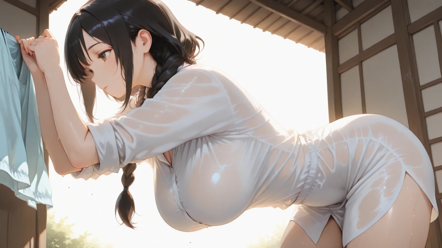 masterpiece, best quality, extremely detailed, anime, girl, red eyes,highleg leotard, enormous boobs ,torn clothes, White pilot suit, shiny, silver very long hair, loli, injury,White battle costume, wedgie, zettai ryouiki, back cutout, latex, machinery, embarrassed,wet clothes,2 girls, breasts press against breasts,bursting breasts,arms behind back,short stature,teenager,from below,pregnant