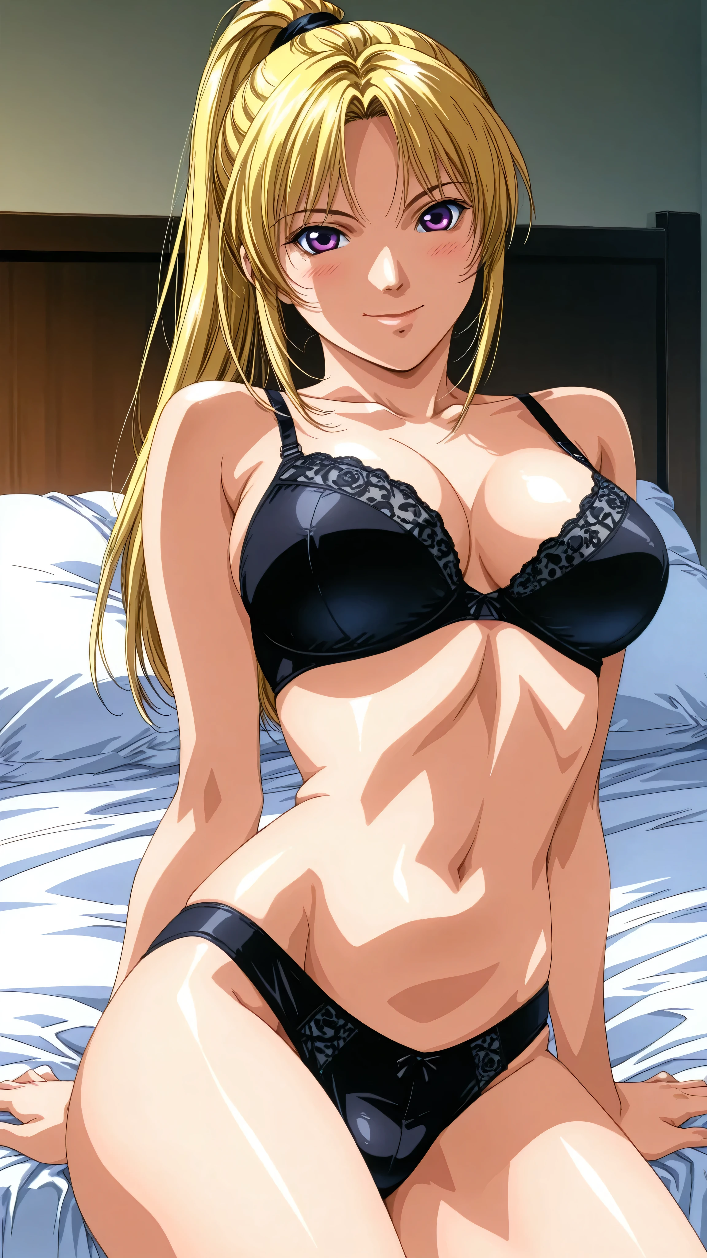 Masterpiece, best quality, very detailed, Ultra high resolution, (photorealistic:1.4), raw photos, (realistic:0.2), 1 girl, alone, long hair,,8k hdr, 1 girl,Blonde hair, shy ,sweat,steam,wet,wet, medium-large breast, bright eyes, , medium-small breasts,,black lace underwear ,Spread your legs, prison cell