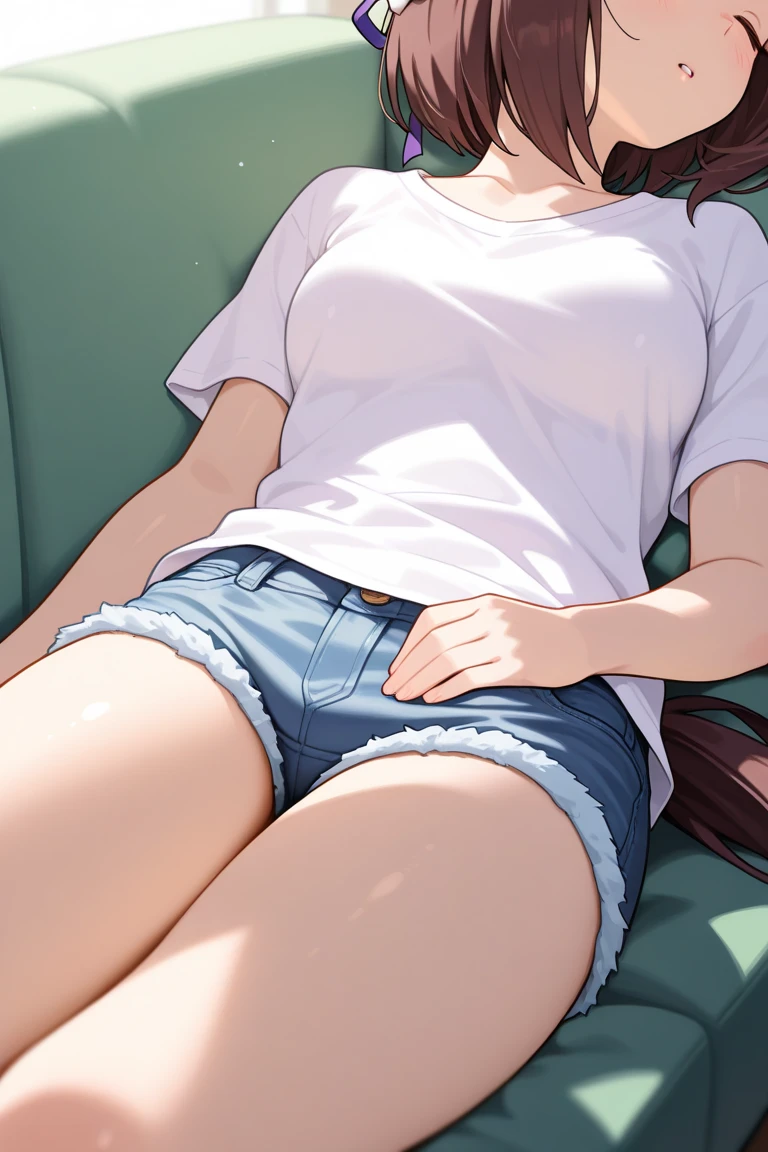 ((Medium Shot)), beautiful girl, skinny, boyish, very short hair, brown hair, (wear a white long-sleeved T-shirt), (white bikini panties) , Perfect hands, Perfect body, Sitting with one Knee , (bare foot), ((looking away)), relaxing, ((Exquisite detail)), Very finely crafted fingers(((10 fingers))), (Full-body showcase), (Show your whole body), (No logos on background), (No logo), (taken from below),