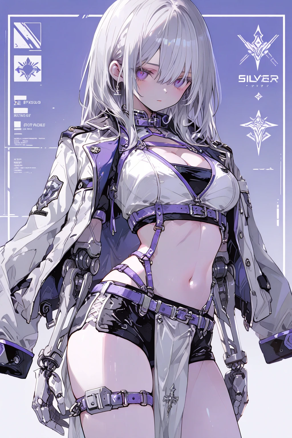 white hair, medium hair, yellow eyes, x hair ornament, headgear
BREAK maid, frills, techwear, large breasts, pool, space station, metal walls, window, stars, (bandeau:1.2), swimwear
BREAK chest belt, (clear jacket:1.4), pvc jacket
 <lora:rosetta-23-896-3000:1>
