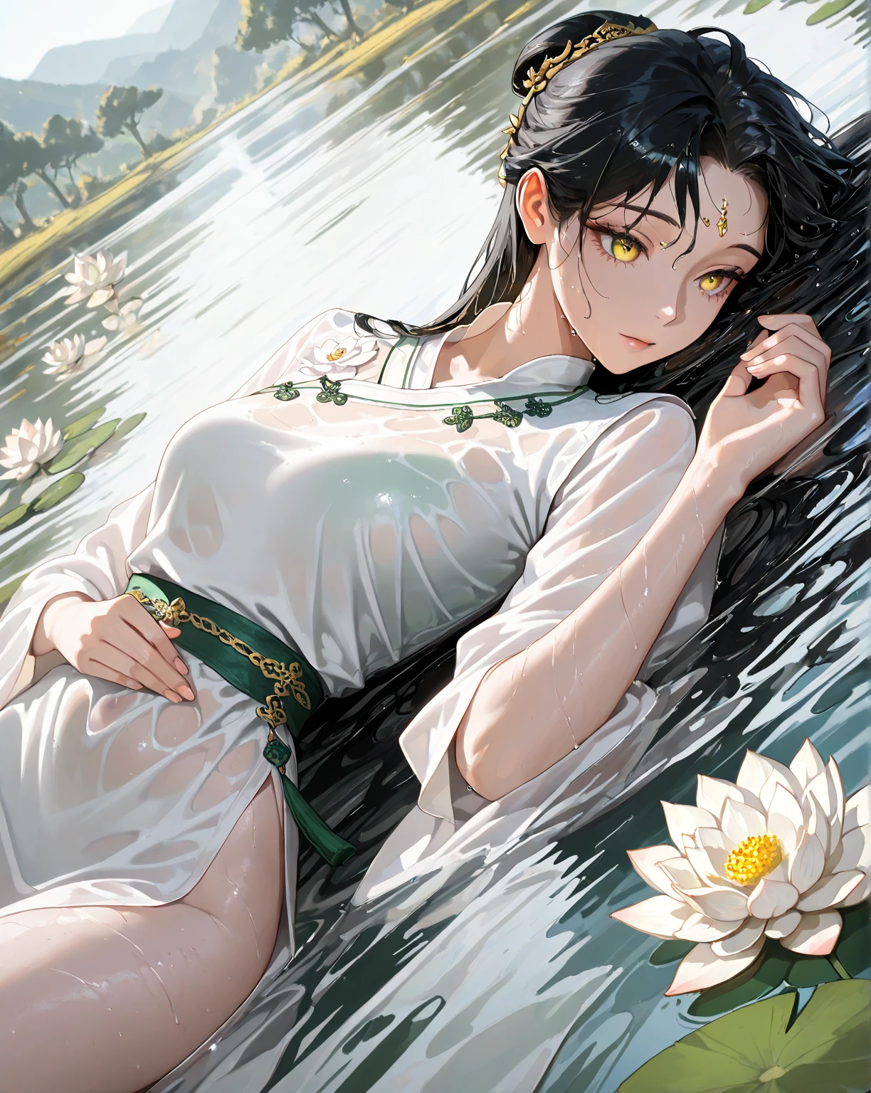 1female，3 years old，Small loli，smallunderboob ，Pornographic exposure， 独奏，（Background with：bamboo forrest，lotuses，lotus flower，exteriors，） She has short black hair，bobo head，Sweat profusely，drenched all over the body，seen from the front， hair straight， mostly cloudy sky，（（（tmasterpiece），（Very detailed CG unity 8K wallpaper），best qualtiy，cinmatic lighting，detailed back ground，beatiful detailed eyes，Bright pupils，Black eyes，（Very fine and beautiful），（Beautiful and detailed eye description），ultra - detailed，tmasterpiece，）），facing at camera，A high resolution，ultra - detailed），，revealing breasts，Bare genitalia，  Bulge，legs are open，Raised sexy，Camel toes，Flushed complexion，Open-mouthed，frontage，White floral headband，Gold Saint Seiya，elementary student（Wearing：Sailor uniform，Gold wire embroidery，fullnude，with no underpants，）
