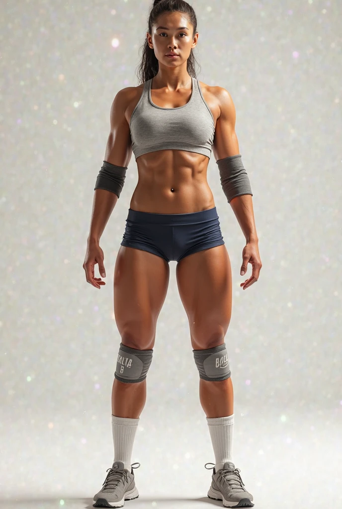 full portrait photo of Alex Morgan at 25, athletic body, toned abs, (flat chest:1,2), RAW photo, 8k, hdr, studio lighting, warm colors, masterpiece:1,5, sexy:1,5, sports bra and panties, soccer field, long socks