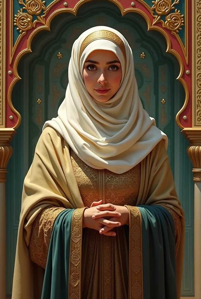 A anime girl is sitting on a royal chair.she is wearing a hijabidress.his background wall is galaxy type..in background his name was written..his name is Sadia Akter 