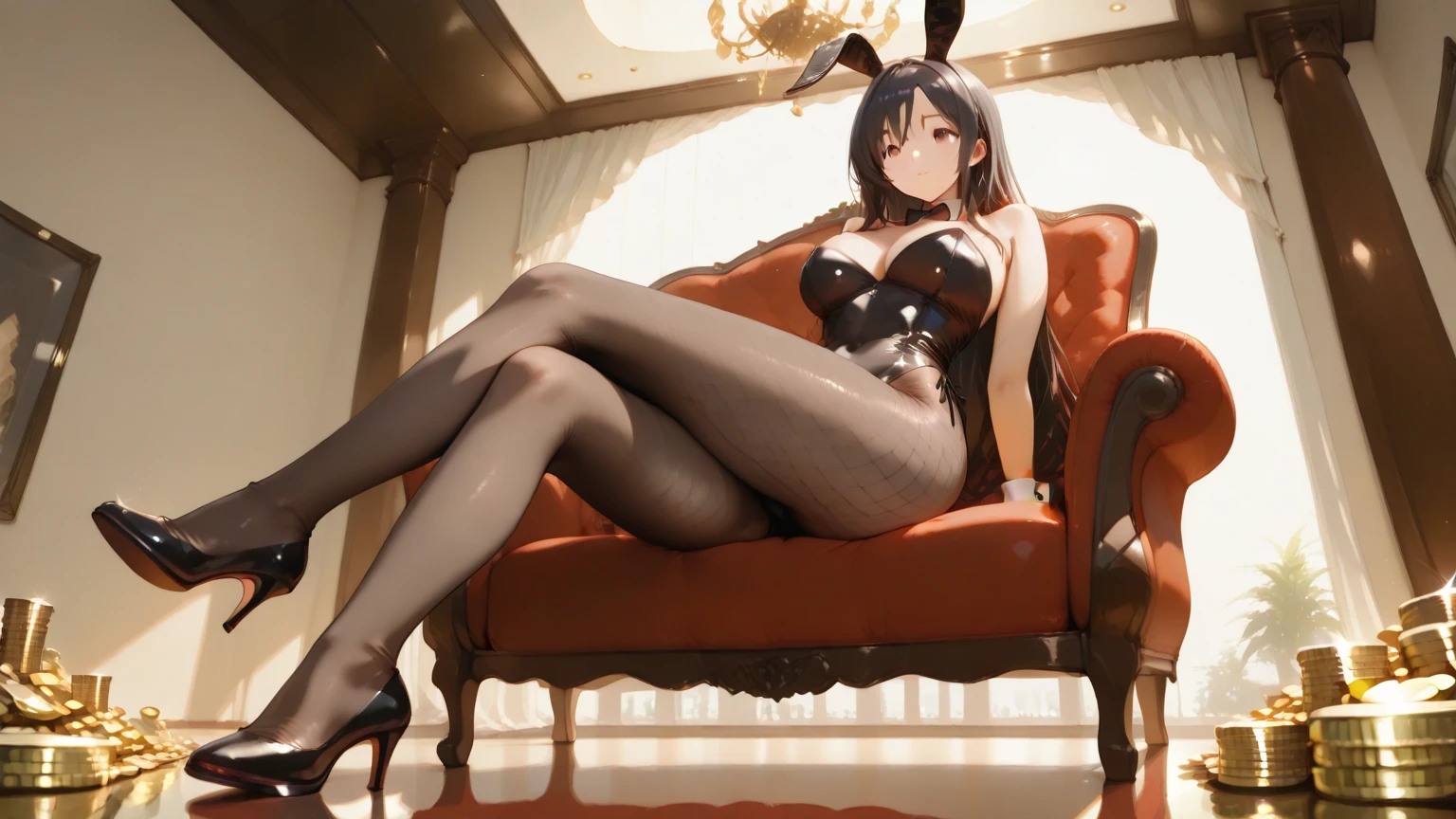 A woman who is，Squat，spread their legs，blacksilk，Flushed face