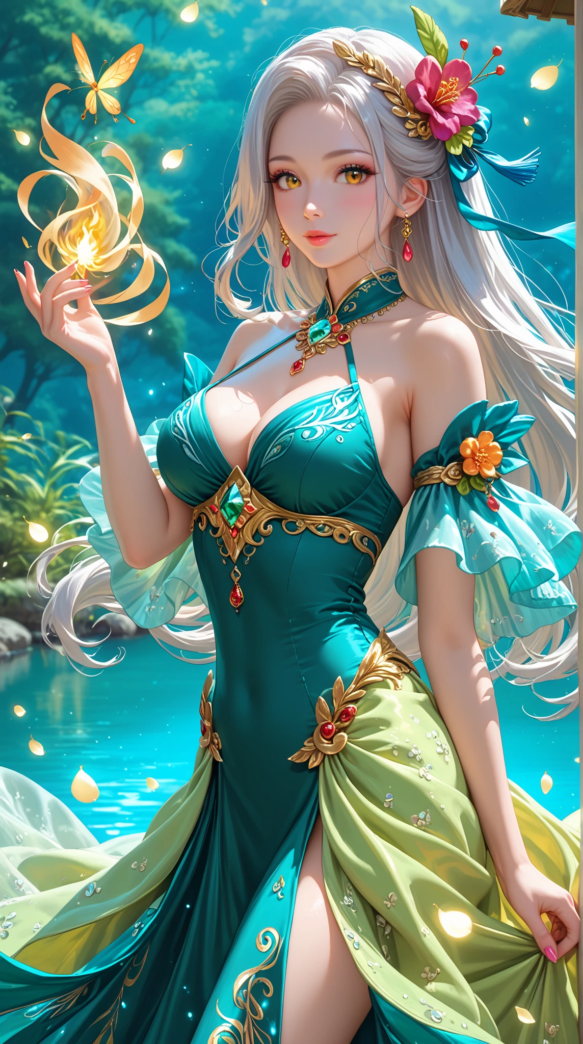 (high quality, 8K, original characters), (fact: 1.5), (masterpiece, best quality, High resolution: 1.2), girl, summer night, (Smooth texture: 1.5), sexy skirt, exquisite eyes, Delicate images, Boat, river, facing the camera, A big lotus blooms behind, moonlight, breeze, firefly