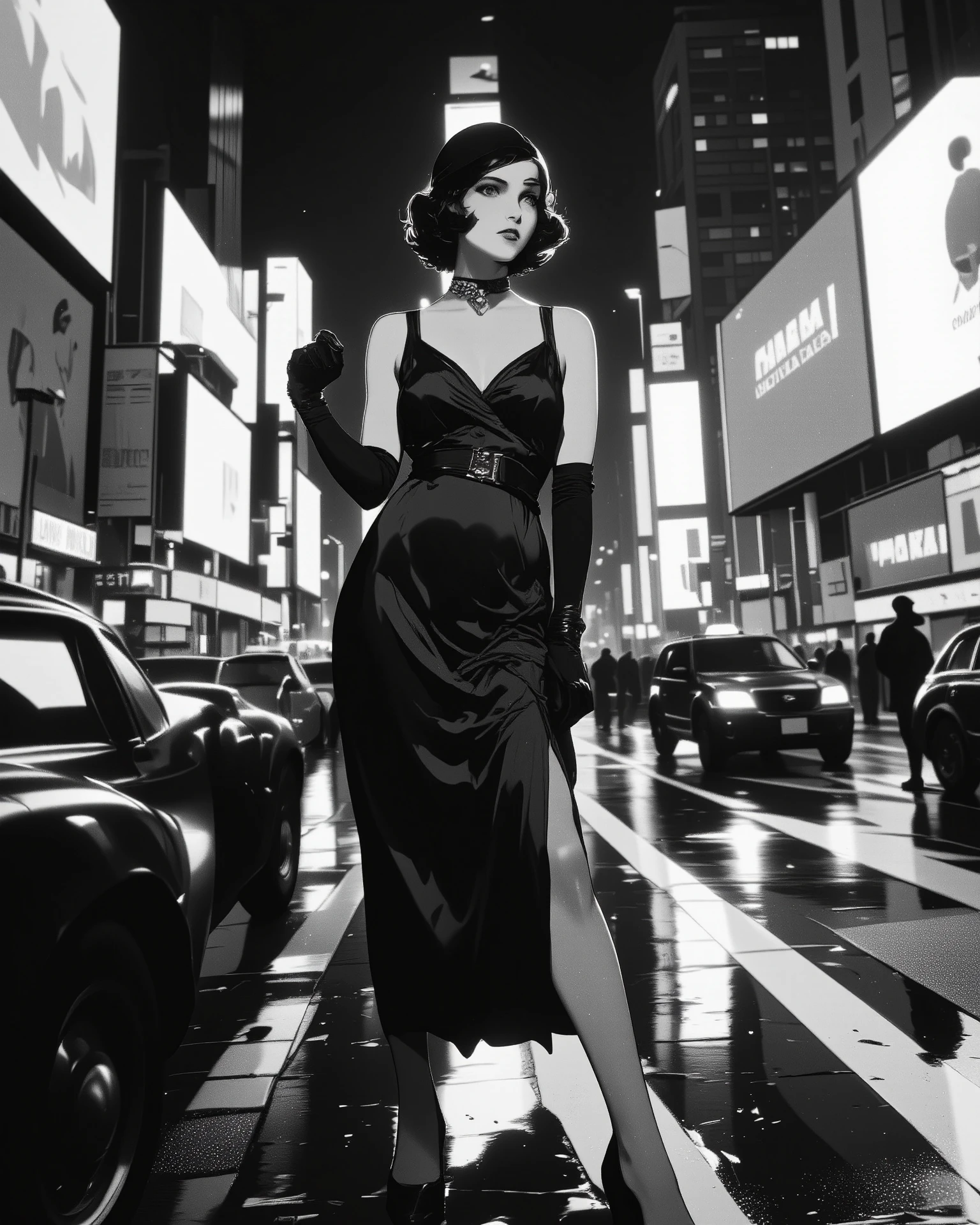 a glamorous 1930s-style woman in a silk bias-cut dress and cloche hat poses confidently in modern Times Square,
surrounded by towering neon billboards, LED screens, and fast-moving taxis,
she appears out of time—vividly elegant, glowing like a memory from a black-and-white film,
passersby glance with puzzled looks, unsure if she's real or a ghost from another century,
wet pavement reflecting the clash of eras, cinematic lighting, surreal atmosphere