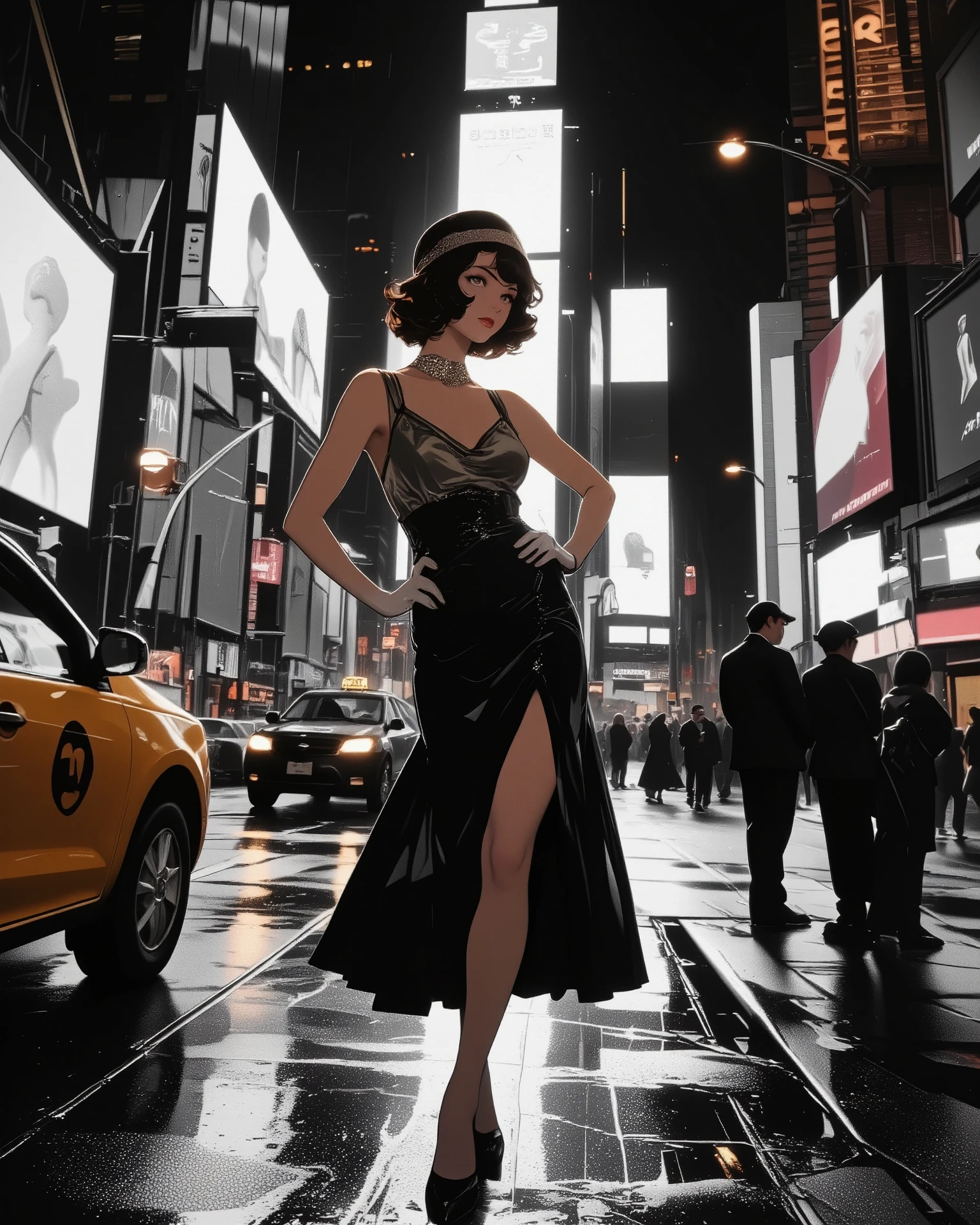 a glamorous 1930s-style woman in a silk bias-cut dress and cloche hat poses confidently in modern Times Square,
surrounded by towering neon billboards, LED screens, and fast-moving taxis,
she appears out of time—vividly elegant, glowing like a memory from a black-and-white film,
passersby glance with puzzled looks, unsure if she's real or a ghost from another century,
wet pavement reflecting the clash of eras, cinematic lighting, surreal atmosphere