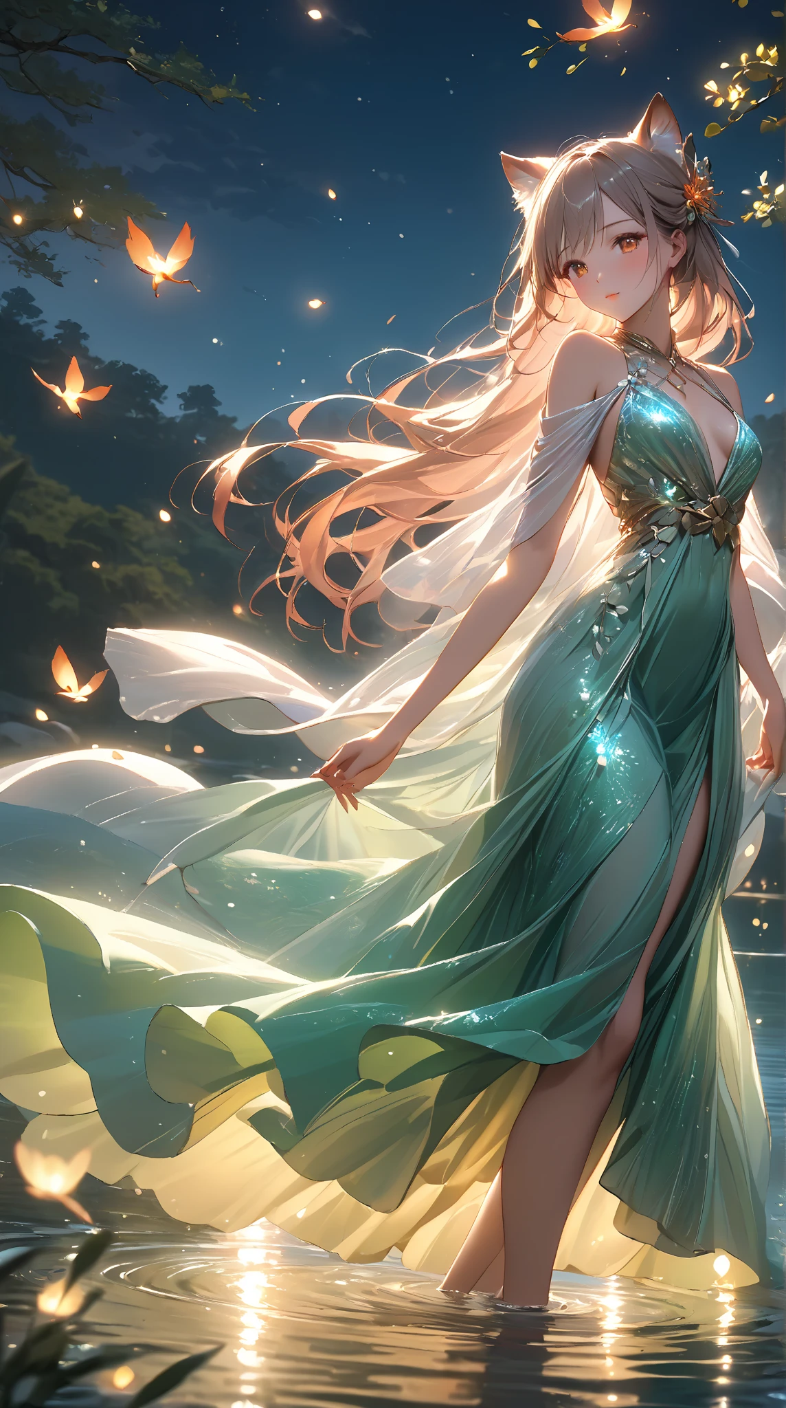 (best quality,4k,highres,masterpiece:1.2),ultra-detailed,realistic,enchanted forest,ethereal beauty with elven features, glowing moonlit scene,translucent ornate dress,tosses her hair back,graceful and elegant movements,elven features,sparkling eyes,pointed ears,delicate and intricate patterns on the dress,whimsical and magical atmosphere,soft and delicate color palette,gentle and mystical lighting