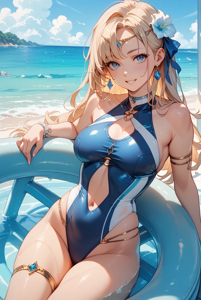 top quality、Best image quality、masterpiece、girl((30 years old、blue bikini、best tits、bust 90、Blonde Twintails、red eyes、open your chest wide、valley、happiness、slim、laugh,fitness)）high quality、beautiful art、background((Beach))、table top、Elaborate Design、Visual arts、,(wet:1.2) , 1 woman, alone ,(milf)