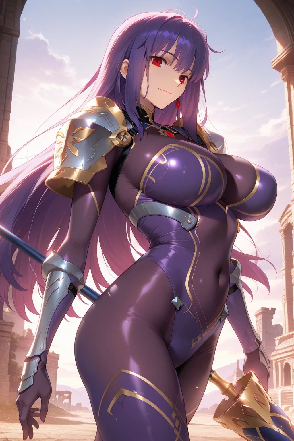 raikou, <lora:raikou-lora-nochekaiser:1>,
raikou, (parted bangs:1.5), (purple eyes:1.1), purple hair, long hair, hime cut, (forehead:1.5), (huge breasts:1.2), smile,
BREAK arm guards, armor, black gloves, bodysuit, fingerless gloves, gloves, japanese armor, kote, loincloth, (purple bodysuit:1.5), ribbed sleeves, tabard, toned,
BREAK outdoors, nature, forest, bamboo, cloud, sky, sun,
BREAK looking at viewer, (cowboy shot:1.5),
BREAK <lyco:GoodHands-beta2:1>, (masterpiece:1.2), best quality, high resolution, unity 8k wallpaper, (illustration:0.8), (beautiful detailed eyes:1.6), extremely detailed face, perfect lighting, extremely detailed CG, (perfect hands, perfect anatomy),