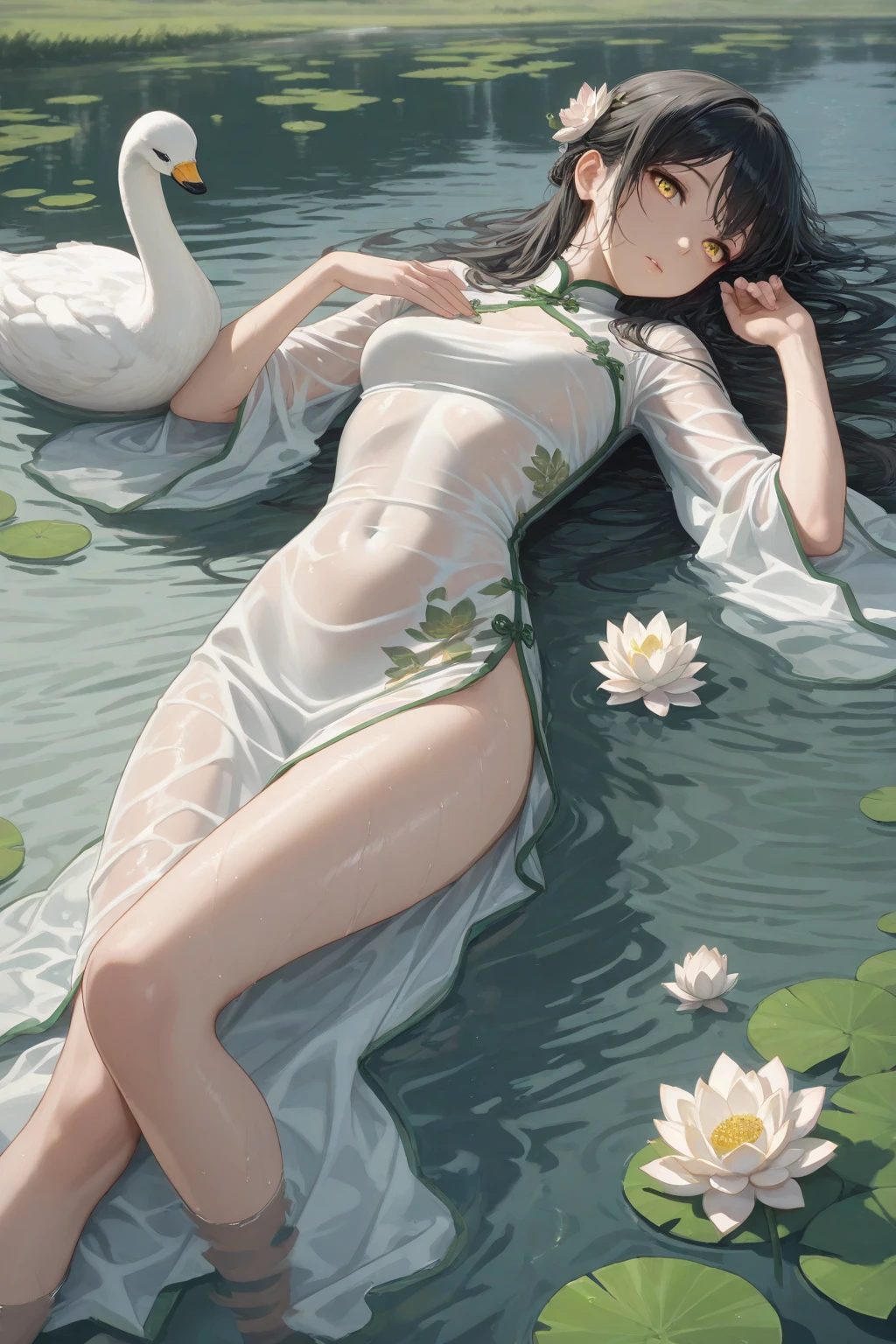 ((1girl)),solo,lying on back on bamboo mat bed in garden,paper fan,thin hanfu,foggy,(curtain),(bamboo forest),tiles roof,translucent silk chiffon hanfu,dudou,light green and white,off shoulders,chinese painting,gongbi style,water_color,(grapevineman:1.4),(trees, artificial mountain, green lotus leaves,light pink lotus flowers),koi,wooden windows,doors,bed,stone,trandional architecture,temple,tower,wall,chinese garden,long hair,full body,flat breasts,covered nipples,bangs,(masterpiece, Extremely detailed, best quality, highres:1.2),(ultra_detailed, UHD:1.2),soft smile,<lora:huyefo2-000008:0.7>,<lora:Clothing -:0.4>,<lora:lianbu1:0.4>,nsfw,
