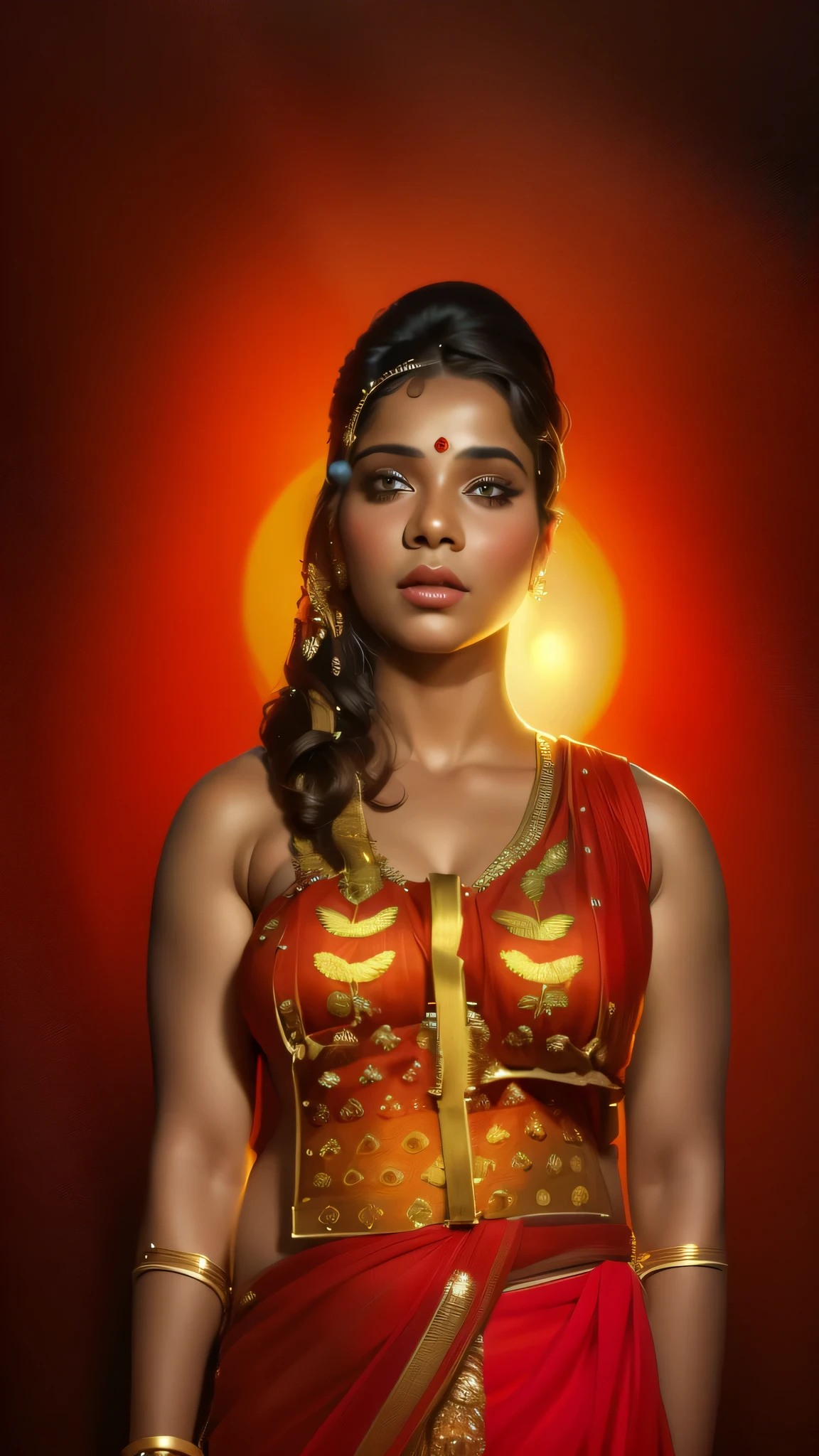 (highly detailed), (illustration), (intricate), (beautiful face), (attractive body), (complete body picture), modern indian goddess, Hinduism, (transparent red saree), (visible natural breasts), (NSFW), dynamic pose, deity crown, (lion standing nearby), colorful, eye-catching, heavenly,(perfect curvy body) , ((full front view)), ((low waist)), ((dynamic posing))