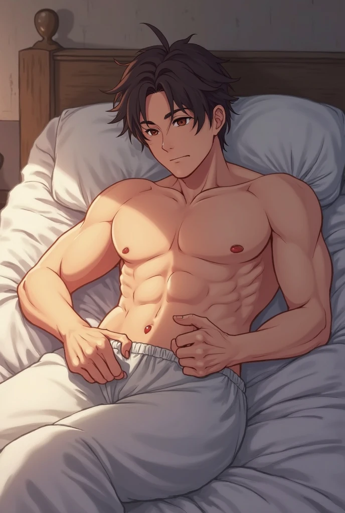 Anime style nude guy fucking a pillow intimately and sweaty