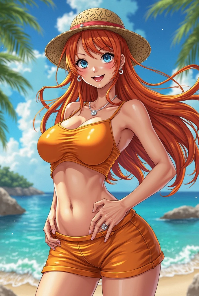 Ultra detailed, highres, absurdres, HDR, master piece Nami, orange long hair, expressive brown eyes, sunset, beach, woman, One Piece, solo, extremely beautiful, very detailed face and eyes, blue pants, water, summer, best quality, orange bra with patterns,