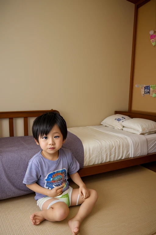 A about 4 years old with a small bear stuffed animal and alone in a wooden house