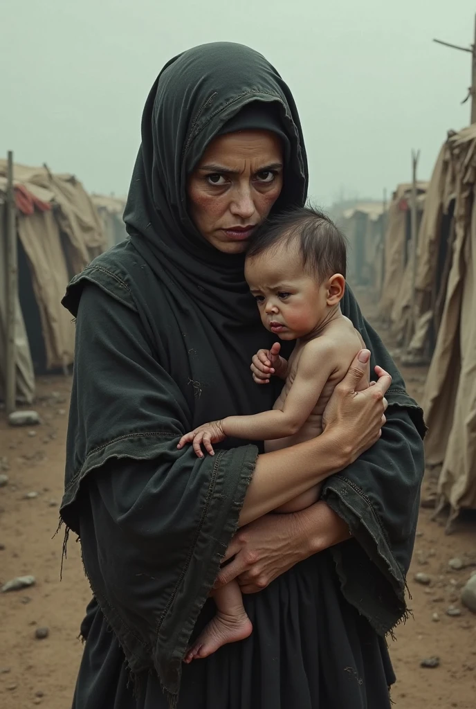 (best quality, high resolution : Arab village woman is sitting , les jambes croisées dans un bateau en bois avec son fils , dark and gloomy lighting (mise au point lointaine : 1,6), plan d'ensemble, 
