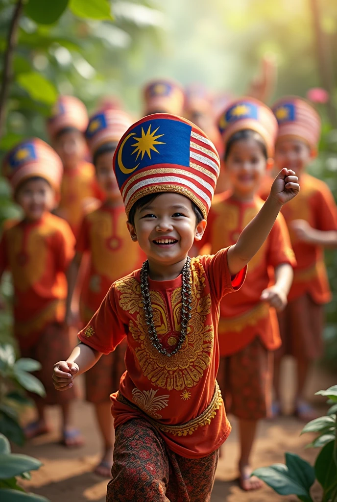 Create a vivid and heartwarming image of a young boy holding the Indonesian flag. The boy is around 7 years old, with short black hair and a bright, innocent smile on his face. He is wearing a traditional Indonesian outfit, complete with a batik shirt and comfortable, loose pants. The boy stands proudly, holding the red and white flag of Indonesia high above his head with both hands. The flag flutters gracefully in the wind, showcasing its vibrant colors.
