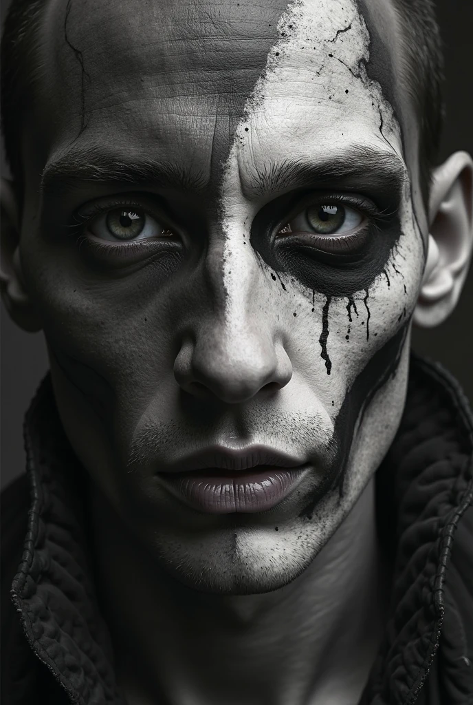 simple easy drawing of a young man who’s gay half face has a lot of bruises and half face has heavy make up