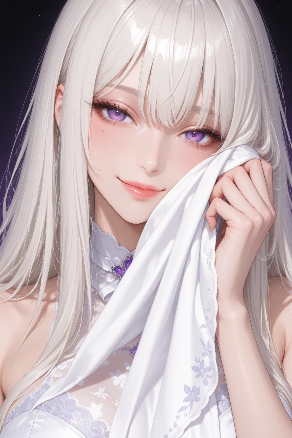 a women, white hair, purple eyes, white dress