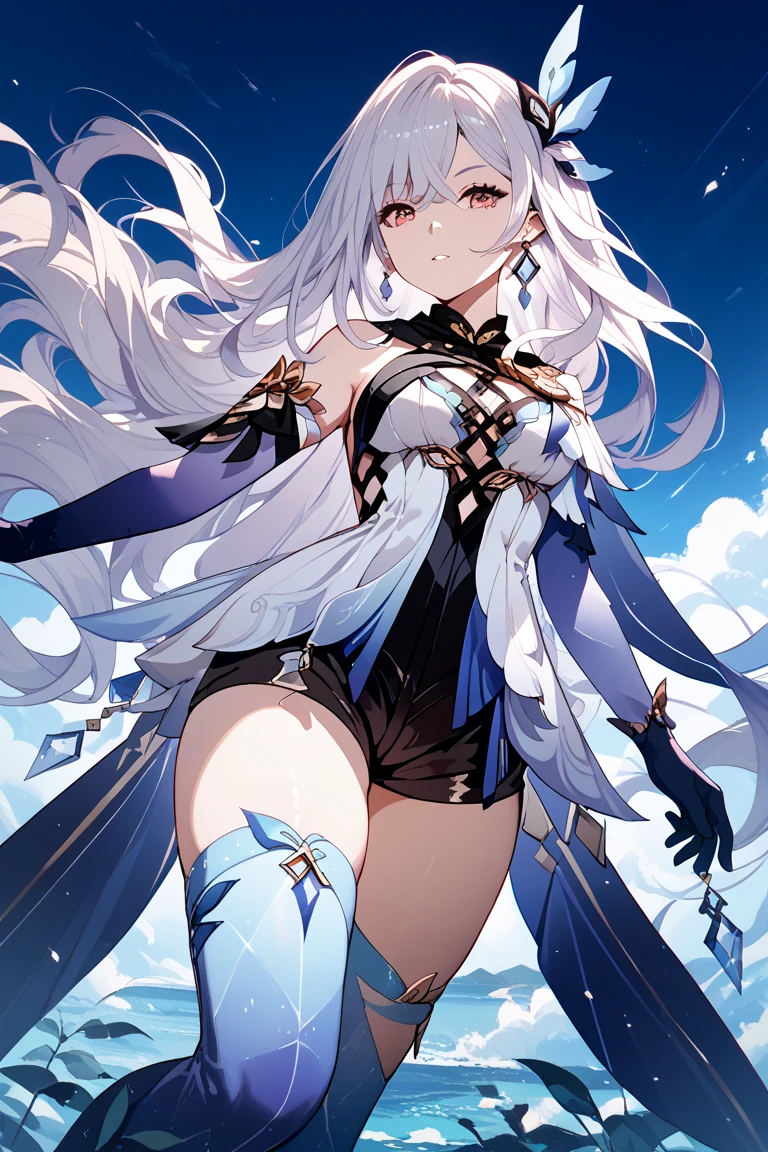 Girl Huge breasts, White pantyhose, White long hair, Blush, Slim figure, Day wind,age 18