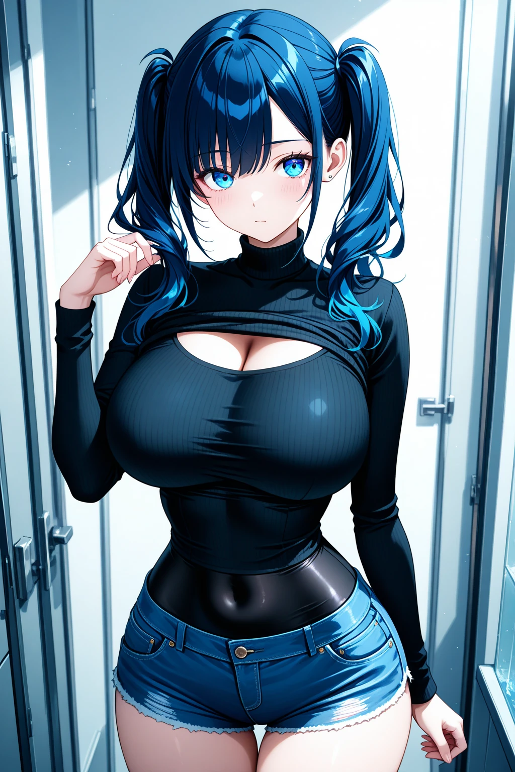 1girl, black sleeveless top, compression top, black jeans, blue eyes, medium breasts, thighs, short white hair,