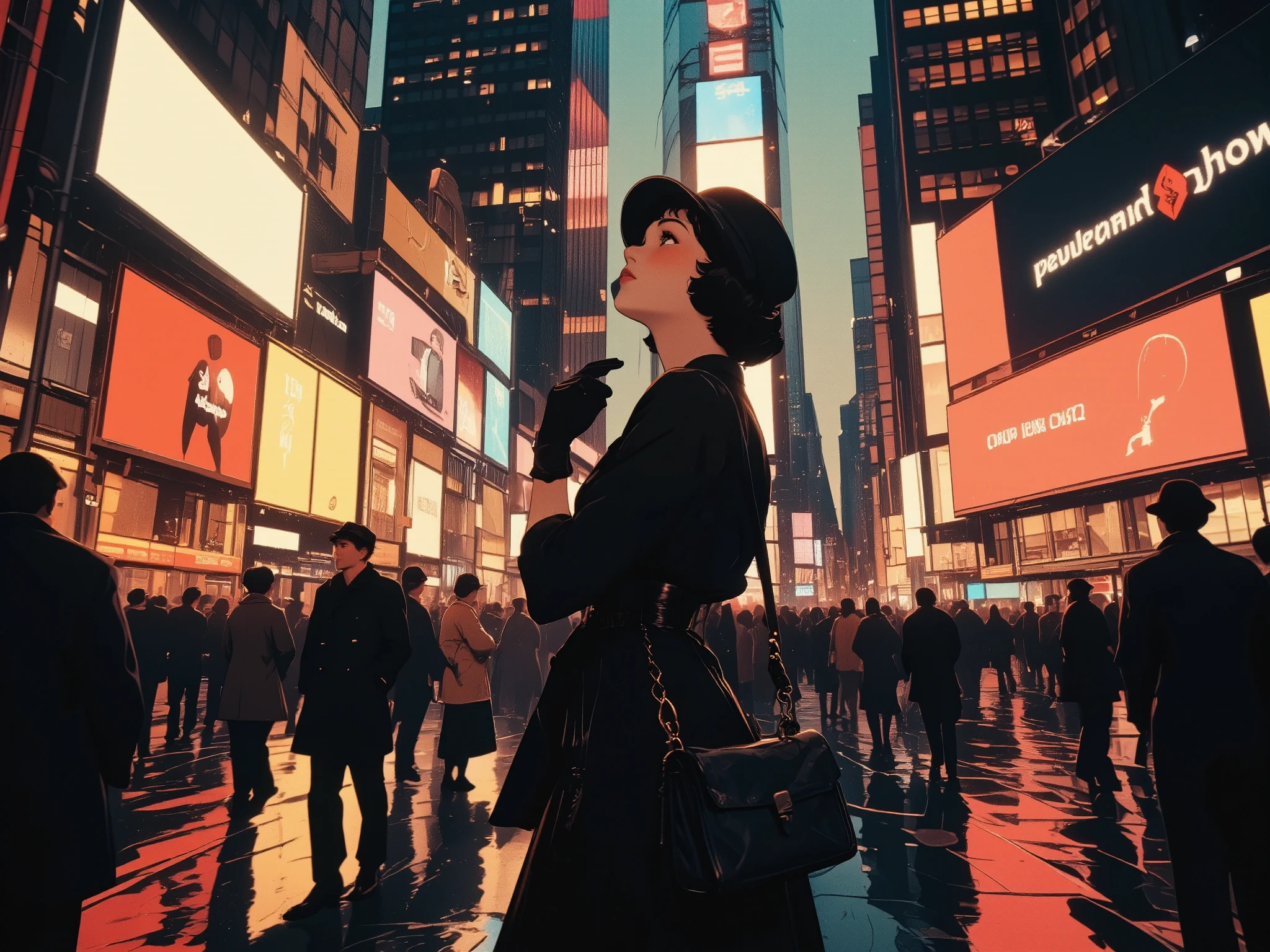 a 1930s-style woman in a vintage black dress and cloche hat, walking alone through modern Times Square at night,
not posing, just passing through, casually adjusting her glove while looking up at a bright digital billboard,
people in modern clothes rush around her, unaware or glancing,
she seems unfazed, as if this place is her everyday street,
seen from a distance, in profile, cinematic lighting, glossy reflections on wet pavement