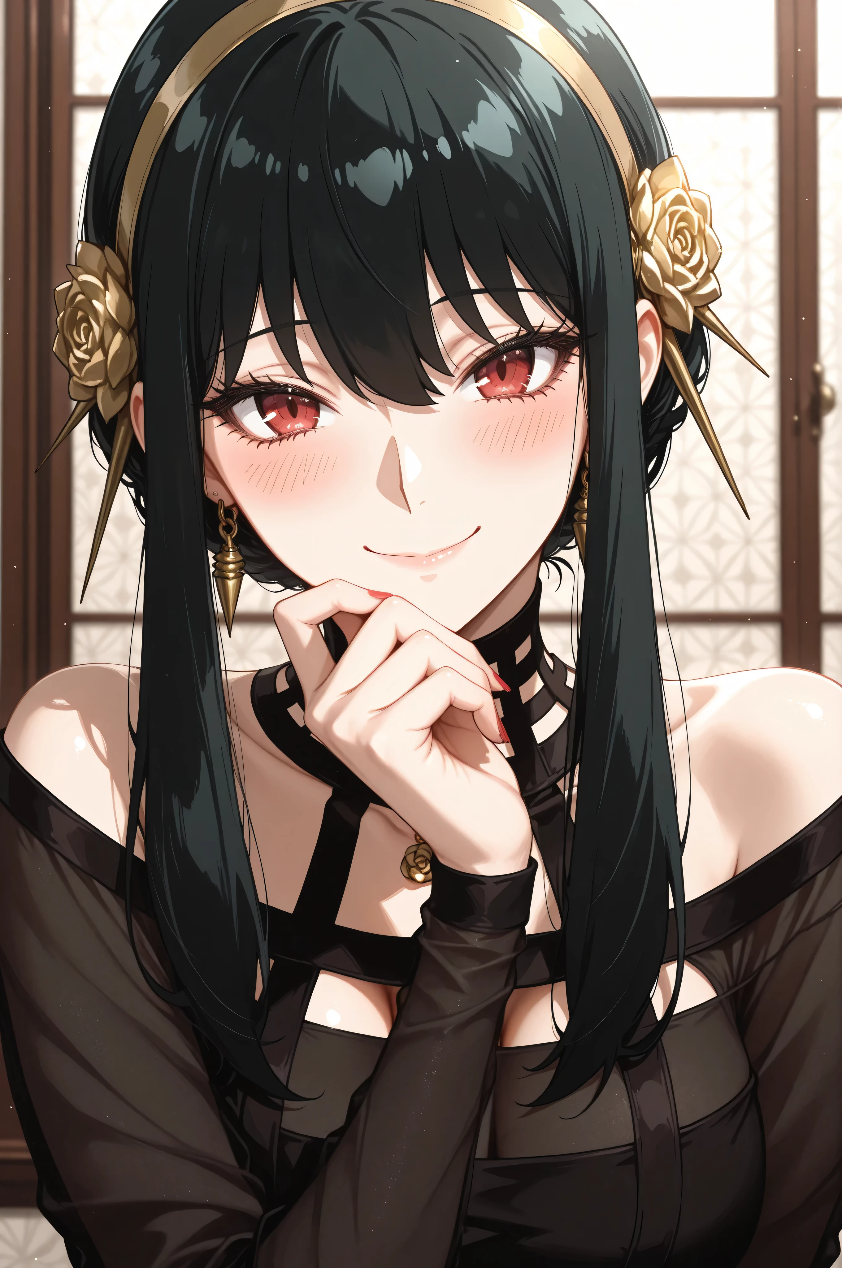 1girl, yor briar, spy x family, black hair, red eyes, blush, smile, closed mouth, black dress, upper body, hand on own chin, looking at viewer, masterpiece, best quality,