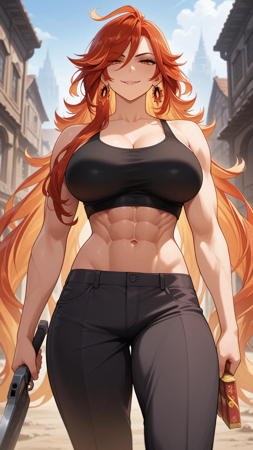 (masterpiece, best quality:1.3), Loodncrood, 1girl, solo, looking at viewer, wide hips, mature female, closed mouth, seductive smile, small breasts, cowboy shot, thick thighs, <lora:Loodncrood Style Lora:.85>, fuuma kotarou, yellow eyes, obliques, black pants, black halterneck, bare shoulders, underboob, revealing clothes, face mark, body mark, long hair, orange hair, muscular female, abs <lora:fuuma_kotarou:.8>