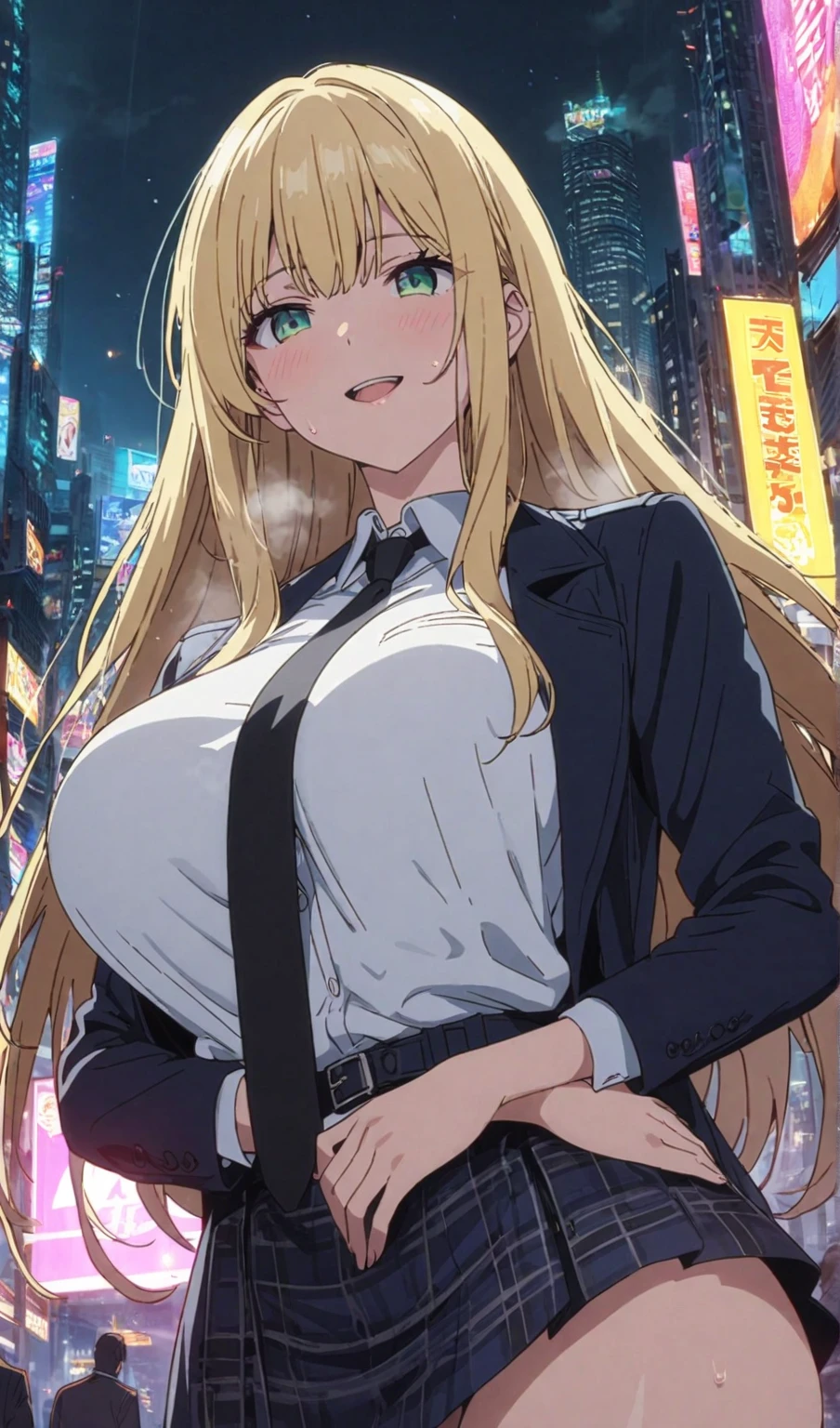 (masterpiece, best quality:1.2), intricate details, 1girl,sky striker ace raye,cityscape ,blue eyes,Blond hair, black headdress.Dark brown tie,standing on the roof of a building,raining,stars,night,cleavage,narrow bust,frontal view,(mature female:1.2),huge breasts