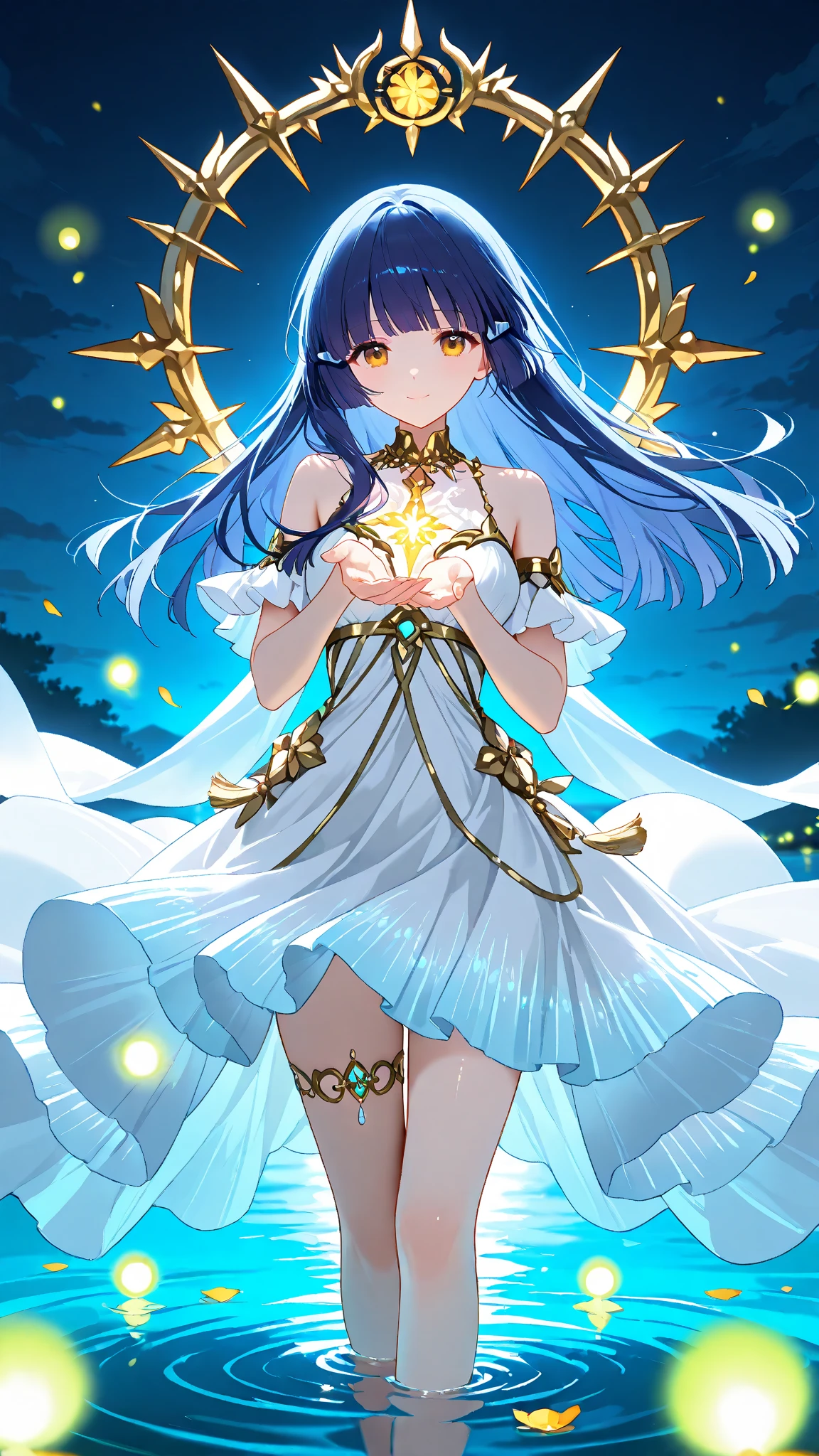 ( high quality , Super detailed, Watch your hands )Zodiac sign - Goddess of Sagittarius , Similar to the goodness of Latin . Optimistic, fair, Funny and intelligent face . recklessness, Ruthless, impatient, Overconfident style . Dark blue eyes (Eye details) , Sparkling deep blue hair , Transparent dress , In the sea of shining stars , whole body , Fire makeup look , God Chiron