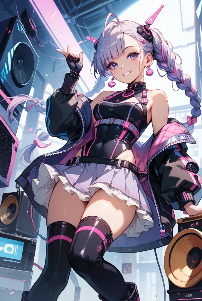 4k anime wallpaper, 4k anime wallpaper, Anime Art Wallpapers 8K, 4K Anime Style, anime art wallpaper 4k, anime art wallpaper 4k, 4k anime wallpaper, Eugeo Art, Detailed digital anime art, ((masterpiece, highest quality)), (Complex Light), Perfect hands, Perfect Eyes、Perfect legs、Hyper Detail, Bright colors, beautiful girl、cyber punk、Silver short hair, Pause, headphone, Red eyes, Tempting, Half coat on, Off the shoulder、Knee-high、boots, colorful, neon、Japanese anime style.