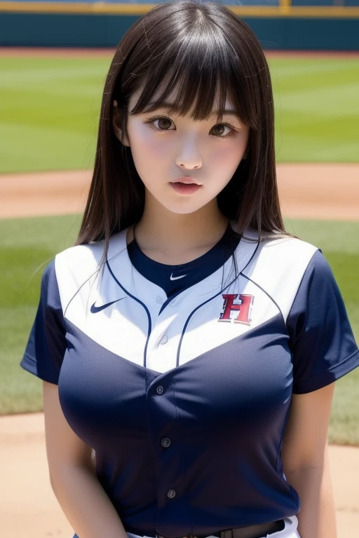 (1 female:1.7)、Light Brown Fringe Hair、Baseball Cap、Braided hair、disheveled hair、Light brown eyes、(Provocative facial expressions)、(rounded bursting chest:1.45)、(Emphasize the valley:1.5)、fittingroom、Photorealsitic、(Shadow:1.1)、(intricate detailes:1.2)、(masutepiece、:1.3)、(top-quality:1.4)、(超A high resolution:1.2)、超A high resolution、(A detailed eye)、(detailed facial features)、((Dark blue stadium jacket with white sleeves、White Brazilian bikini with fitted body):1.1)、 (underboob:1.4)、baseball field、(Above the chest:1.2)、(from the front side:1.5)