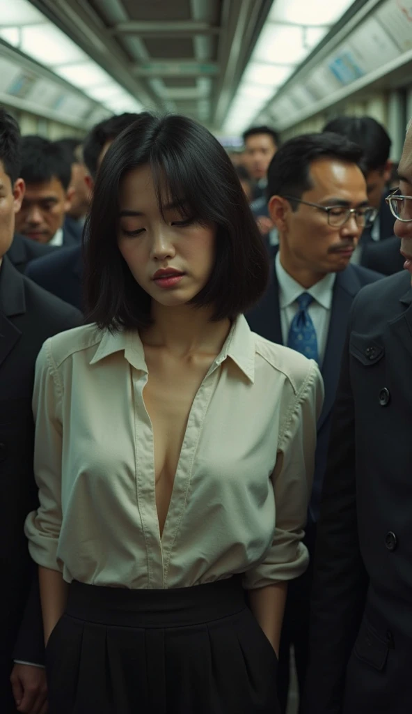 (32K:1.9, Highest quality, masterpiece, Ultra-high resolution, Professional low-angle camerawork:1.5, Very detailedな肌と顔の質感:1.4), Always accurate, Very detailed, bag, (((((Crowded train:2.0, Crazy behavior:2.2, A man touches a woman's body:2.5))))), ((25 year old Japanese woman, Big breasts on the verge of collapse:1.2, Camisole dress and cardigan:1.5, Incredibly slim body:1.3, areola is not visible)), belt, Fair skin, elegant, sense of cleanliness, Thin eyebrows, (Big eyes that exude beautiful eroticism:0.4, A shy smile:1.0, I despise you from the bottom of my heart:0.8, Open your mouth a little, lipstick, Feel the beautiful eroticism:0.9, Dark brown medium hair), Earrings, necklace, bracelet, romantic, mysterious, Object of admiration, original, dramatic, artistic, Innovative, charm, Heartful, Fancy, Tilt, sense of loss, special, ((exciting, Extreme, sense of openness, suffering, sufferingの表現)), (((Mistakes of youth, 女性的なcharm)))