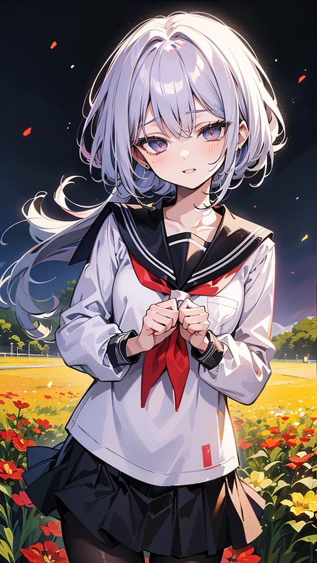 masterpiece, best quality, girl, solo, long hair, solid circle eyes, flower ribbon, silver hair, white pantyhose, shorts under skirt, in winter, flower field, sailor shirt, sailor suite, serafuku, knee_boots, huge_filesize, earrings, collar, hair_pull, red eyes, red eyeshadow, small breasts, twin_braids, braided bangs, multi-tied hair, naughty_face, panties over pantyhose, masterpiece, best quality, girl, solo, long hair, hair ribbon, :d, mole under eye, solid circle eyes, medium breasts, uwabaki, flower ribbon, shushing, Side ponytail, aqua eyes, silver hair, leg tattoo, white pantyhose, shorts under skirt,
