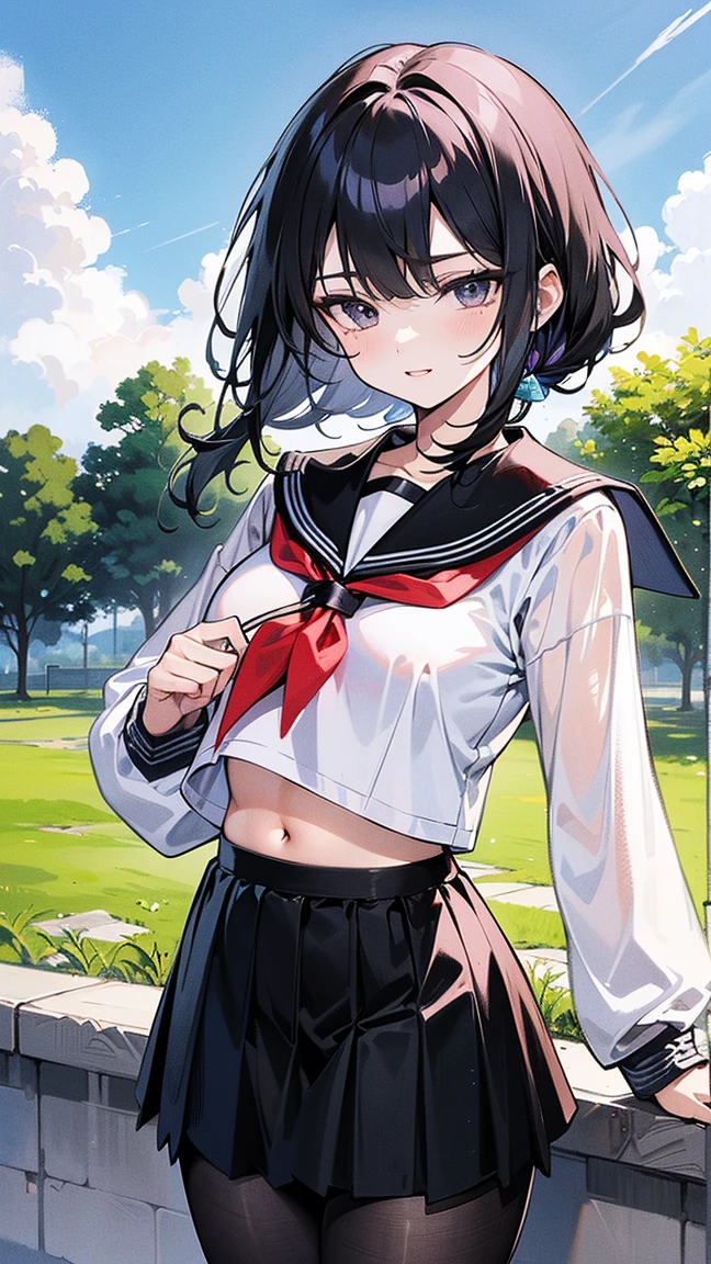 girl with black hair、a sailor suit、She lifts her skirt to reveal her white underwear.、Crying face、Cloudy juice dripping down my legs、hight resolution、hight resolution、high-level image quality