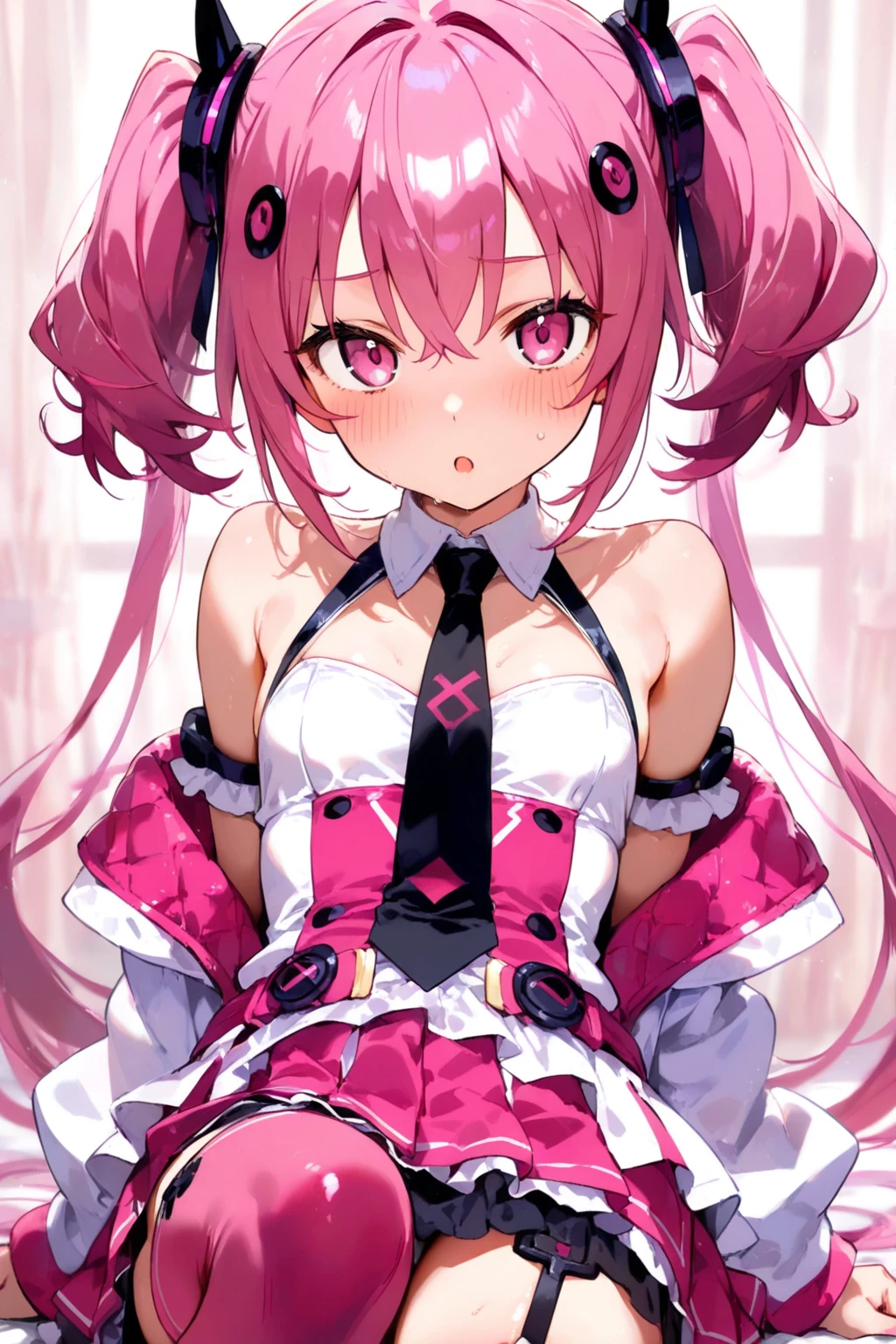 (masterpiece, 最high quality:1.2), High resolution, High resolution, alone, One girl, Droopy eyes, Pink Hair, Magical girl, Long Hair, White and light pink outfit, Gothic style clothing, Pink Eyes, smile, View your viewers, seiza, Heart-shaped hair, Side bust, Magical girl, big, big chest, light smile, teeth, Portrait Shot, Upper Body Shot, Sitting, 桜が舞い散るなかにSitting, foot in water, foot crossed, foot, Thighs, procedure, Blur the background, Are standing, Beautiful Face, Perfect Fingers, Perfect Anatomy, Portrait Shot, masterpiece, high quality.