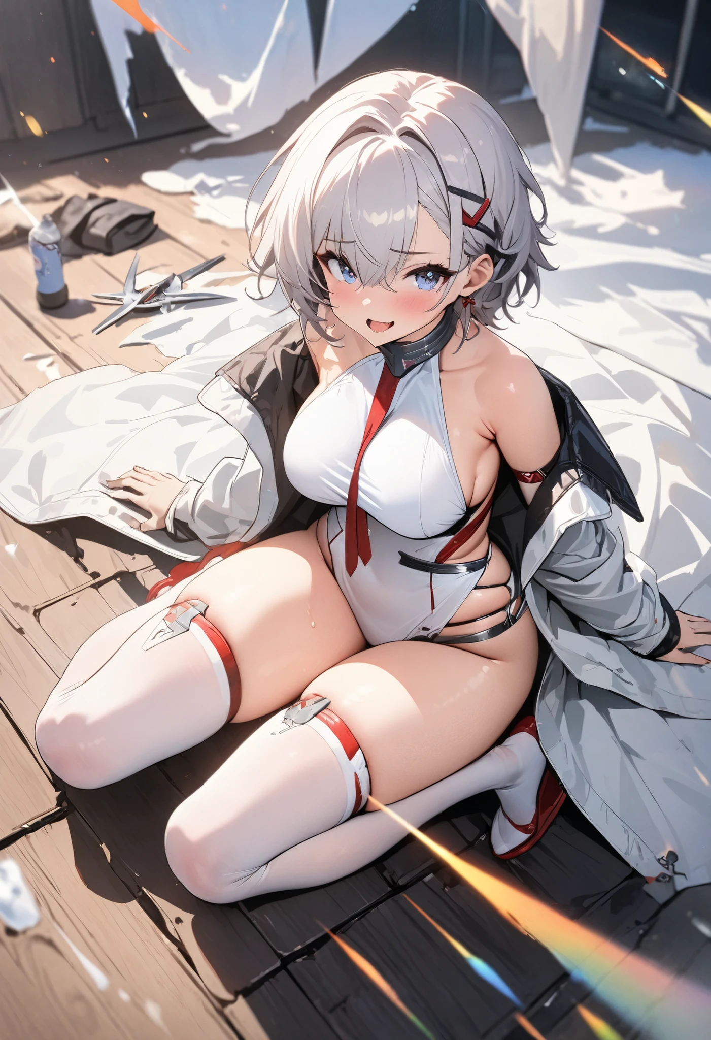 girl, white hair, medium tits, gray hoodie, red scarf, pussy spread, no pants, no panties, no boxers