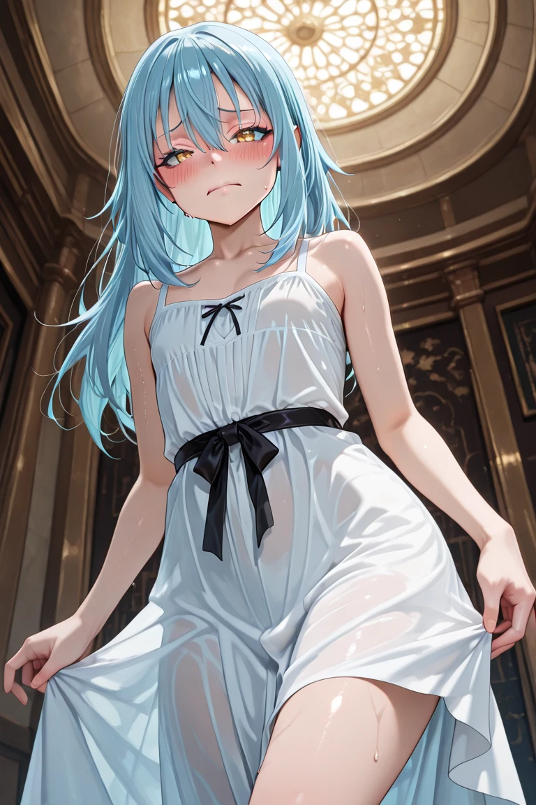 (Highres), (Detailed Illustration), Ultra-Detailed, Ambient Light, Backlighting, Realistic Shadows, Glowing Particles, Light Particles, Digital Art, Soft Light, Soft Lighting, White Light, White Lighting, Reflections, Detailed Face, (Detailed Hair:1.2), Dim Lighting, Indirect Lighting, Reflections, Detailed Face, (Detailed Hair:1.2), (Desaturated:1.4),
(indoors:1.2), looking at viewer,
(1girls:1.4), blush, smile, upper body,                                                                                                                                                                                                                                                                                                                                                                                                                                                                               absurdly_long_hair, bangs, black_gloves, boots, (closed_one_eyes:1.6), collarbone, (transparent_dress:1.6), crown, (black_crown:1.3), dress, gloves, half_gloves, holding, long_hair, sitting, solo, thighhighs, very_long_hair, (white_dress:1.3), (blue_hair:1.3), (small_breast:1.6), (gradient_grey_blue_eyes:1.4),
(<lora:more_details:0.5>),                                                                                                                                                                                                                                                                                                                                                                                                                                                    <lora:Champagne_LoRA:1>,