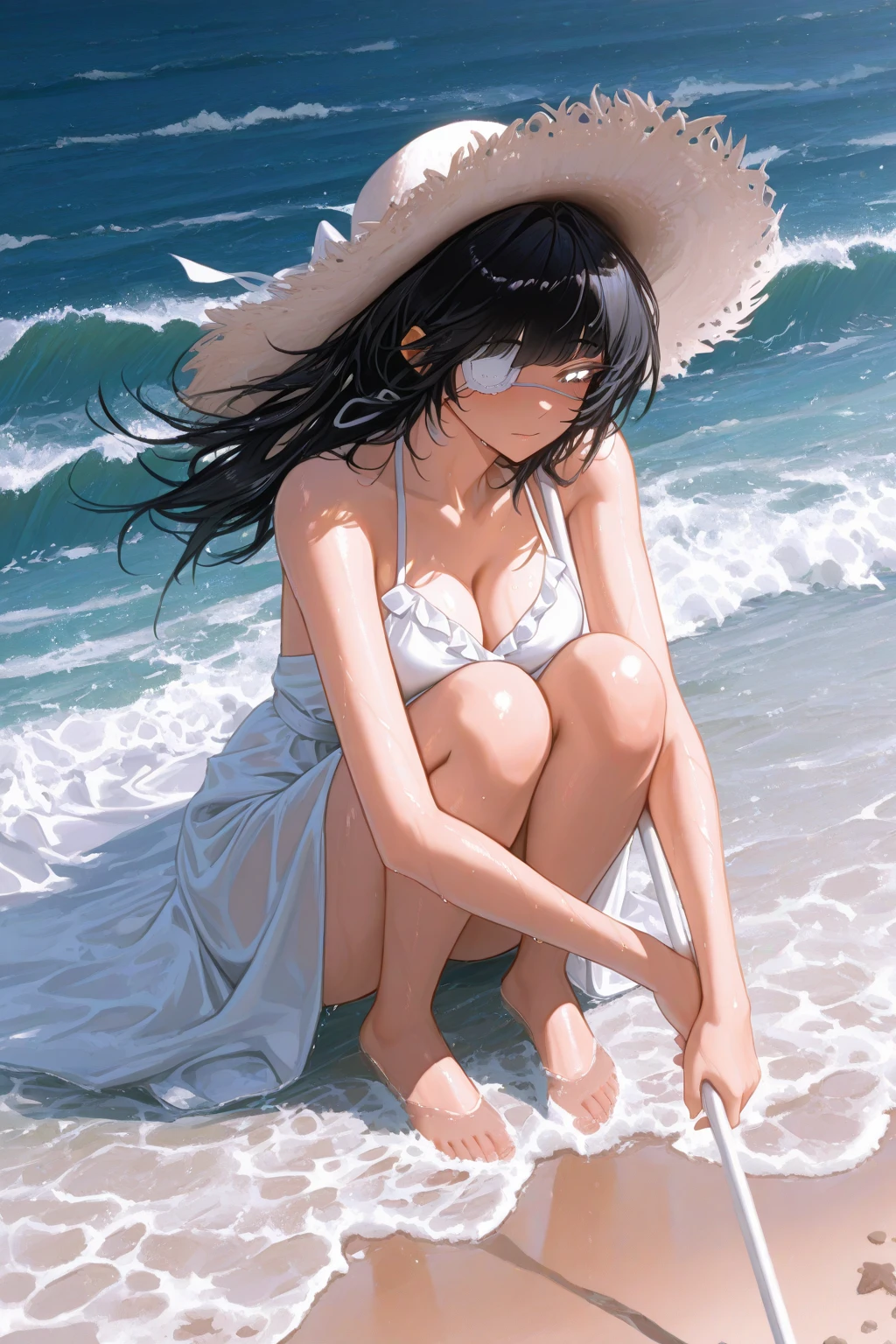 scenery, beach,sand,ocean, sunlight, wind,cloud,1girl,(tall:1.1),black hair, red eyes, sitting,white bikini, boots,facing away,
from side,solo focus,, masterpiece, best best quality,ultra_detailed,