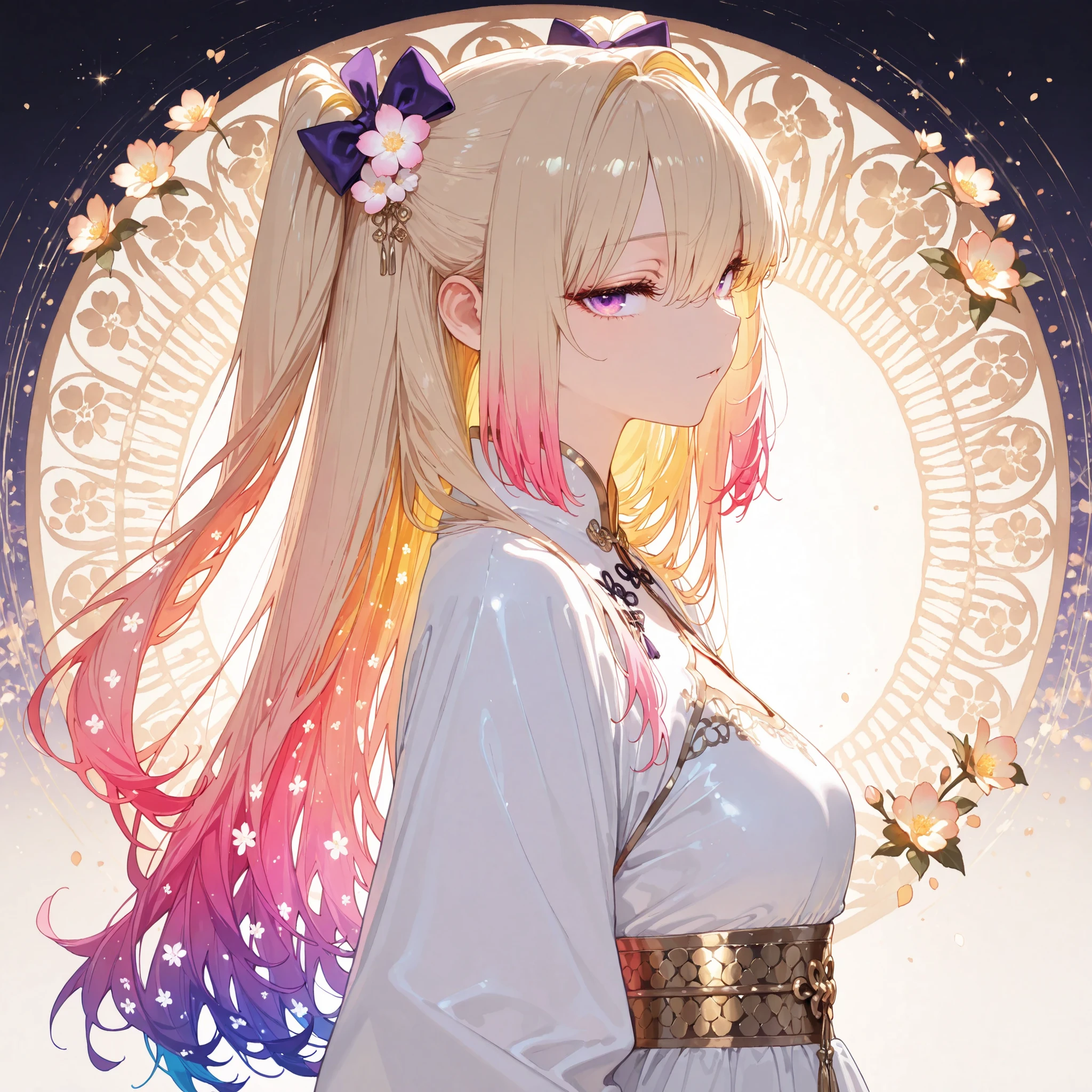 masterpiece、Best Quality、Amazing quality、Newest、very beautiful、Scenery、8k、Good anatomy、good shadow、Super Detailed、Fine Detail、High resolution、HD、masterpiece、4ur4_illu、 shiny。 rim lighting, hair highlights, luminous lighting, cinematic ambiance, masterpiece, best quality, absurdres, high detailed, ultra-HD, vibrant colors,
side view, upper body, 
beautiful person, solo, long hair, (hair bow:1.1), blonde-pink hair, (purple eyes:1.1) eye, 
[ (long hair, complex hair, colorful hair, dynamic hair, shining eyes:1.1):(calligraphy art, calligraphy:1.1):15], (complex dress:1.2),
(fractal art:1.1),
(complex background:1.1), (flower effects, dna effects:1.2), (white effects:1.2),
 one boy with golden hair and pale golden eyes , surrounded by beautiful girls 