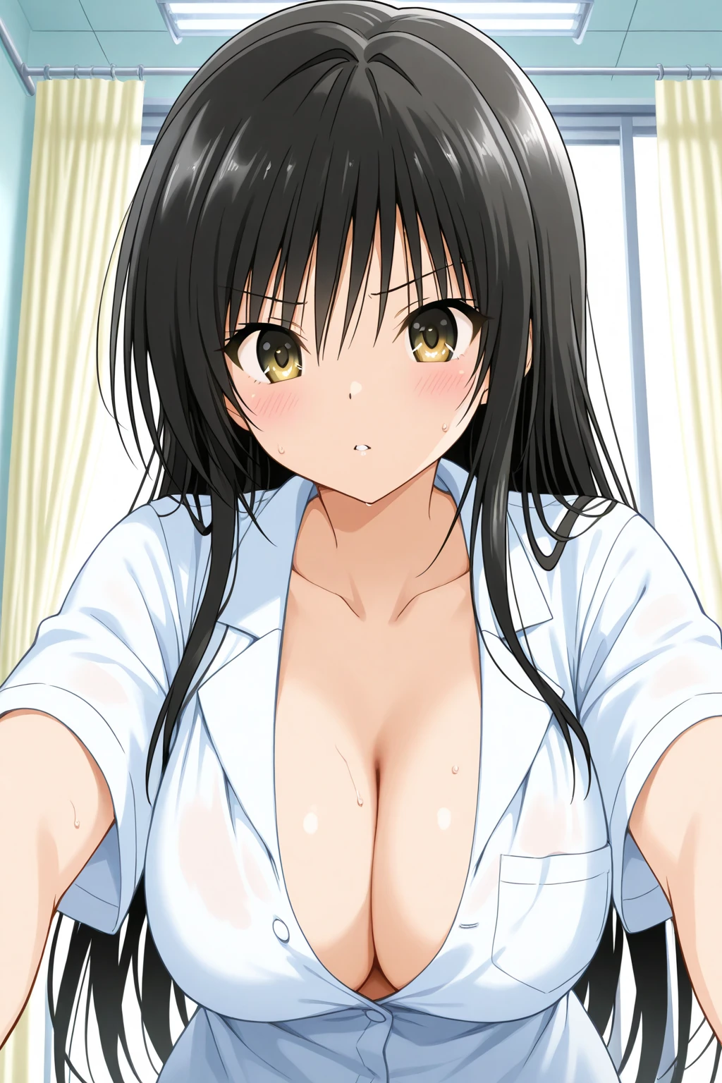 Black underwear, black lace, Simple white background,clavicle, cleveage, , Yellow Eye, black hair,Bangs,long_hair, 1 girl, 20 years,Young women,fair Finger,fair long legs,fair body, fair Nose,fair character design, perfect Eye, perfect Face,expressive Eye,Perfect balance, Looking at the audience,(Focus on her Face),Shut up, (Innocent_Large target_Eye:1.0),(Light_Smile:0.3), official art,Extremely detailed CG unified 8k wallpaper, Perfect lighting,rich and colorful, bright_front_Face_Lighting,White skin, (masterpiece:1.0),(the best_quality:1.0), Ultra-high resolution,4K,Super detailed , 8k, HDR, high resolution, absurd:1.2, Kodak Portrait 400, Film Grain, Blurred background, Bokeh:1.2, 镜头Light晕, (Energetic_color:1.2),Professional photographer, (fair,Large target_breast:1.4), (fair_Face:1.5),(narrow_waist)