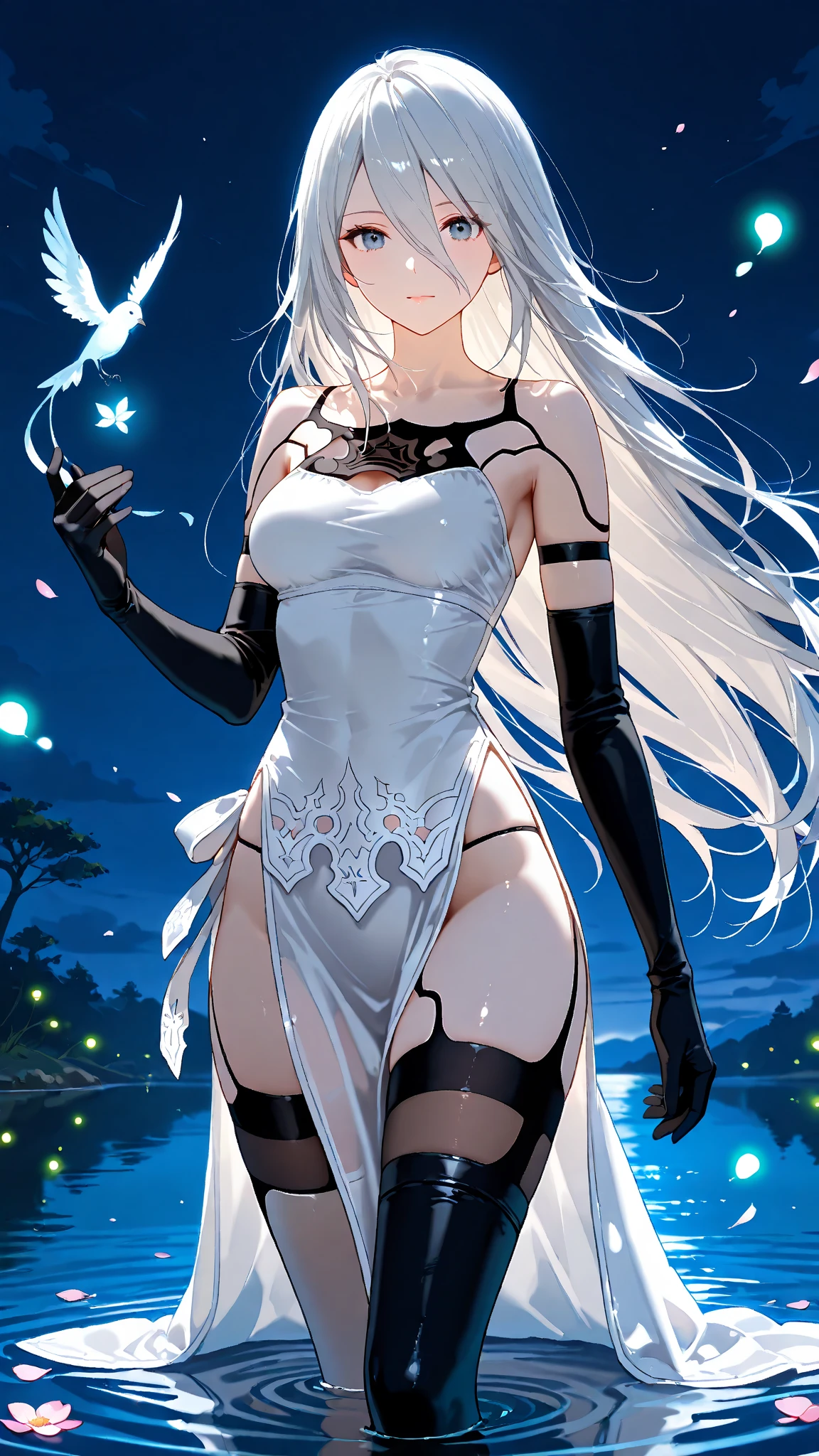 Fairy Knight Lancelot (Destiny), 1 female, Solo, Long hair, Chest, Bangs, Tail, White hair, Top to bottom, Flexible, Body pattern, Armrest, Jack-o-Challenge, Hands on ground, Viewer shows butt, Facing backwards, Viewer looking from behind, Rear camera, Lying on back, Viewer facing anus, Pointing anus at viewer, Showing anus to viewer, Anus, (Holding own hand), (Holding own), (Stretching,)