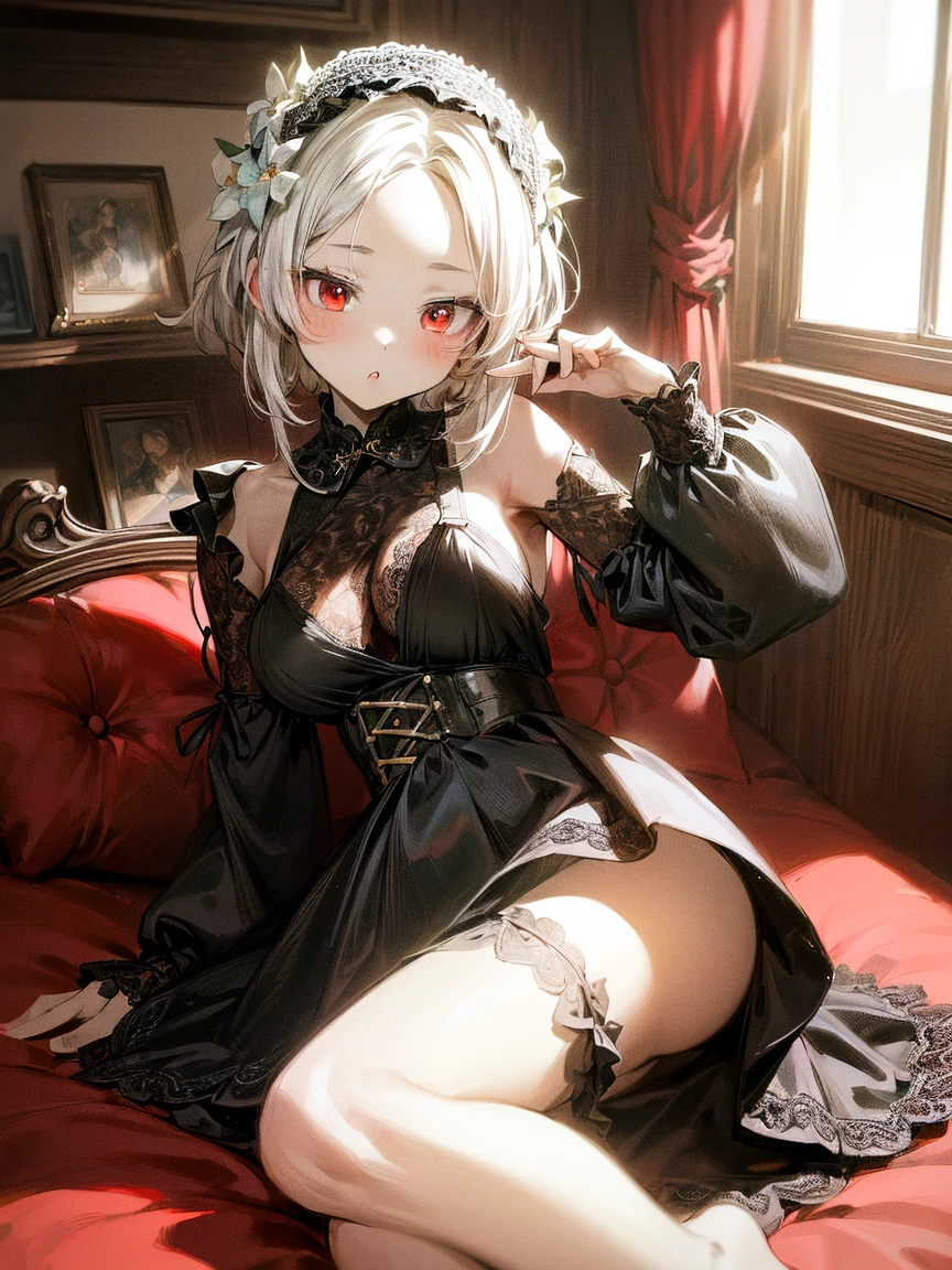 (masterpiece:1.2), (best quality, 8k-resolution, ultra-detailed), solo, masterpiece,absurdres,High-definition,Glittering,in luxury room,on Gorgeous canopy bed,one cute girl,light gray short bobbed hair with outside curls,black small ears on head,red ribbon on left ear,close eyes,mouth is open as if to scream,blushing,sweat,big tits,flat on back,Hold up knees with both hands and spread legs apart,lift butt,blue high heels,garter belt,white and black vertical stripes lingerie,luxury lingerie,christmas,night,gold Furnishings