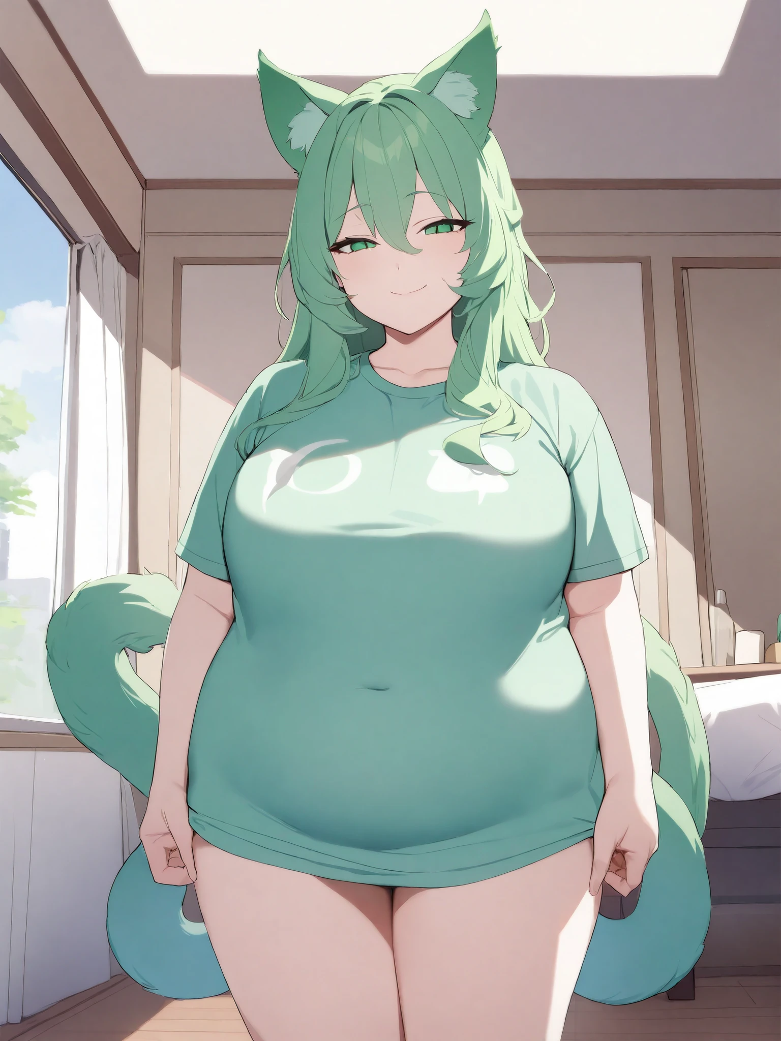 1 girl, furry, light green fur, hair colored in rainbow colors, sexy, big breasts, big thighs, wearing a black lingerie bra, lingerie panties, standing, short, view from above, she looking up embarrassed, back of room 