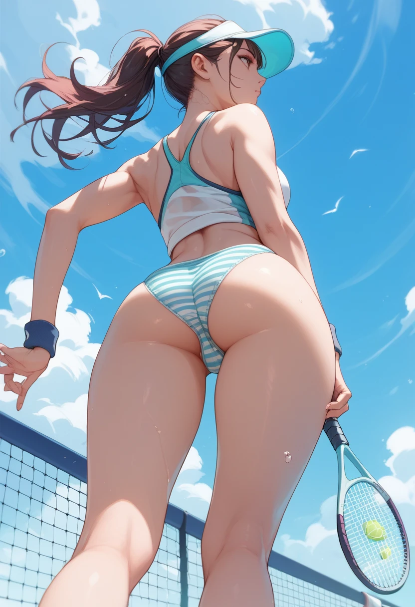 tennis wear、(Panty shot)、Beauty、brown hair bob、((whole body))、(((photo taken from below)))、Tennis court