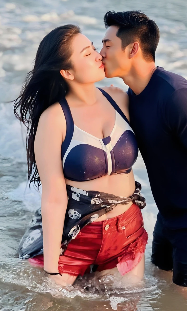 HD wallpaper 32k cinematic shoot of a Beautiful cute girl, with thick thighs and a curvy slim waist, twin braids, wearing a bikini, ?????, seductively, smiling, ((lowwaist)), ((wearing a watch)), ((open neckline)), ((boobs)), ((closing her eyes)), (((hugging a man))), (((hugging a man)))