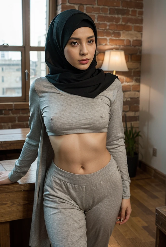 (64k, RAW photo, best quality, masterpiecel1.4), ((crawl position on living room)) , (realistic, photo-realistic:1.37), masterpiece, best quality, highres, brown eyes, 1 malay matured teacher in hijab, malay matured women, solo, thighhigh, black thighhighs, short skirt, black skirt, lifted skirt, blown skirt, eyelashes, brown pastel hijab, ((no hair visible)), ((a muslim woman wear unbuttoned brown shirt)), view from side, bend over, extremely detailed plump buttocks, nice ass, ass cheeks, blush, living room background, ((medium breasts:1.1)), ((extremely detailed exposed breasts)), ((slim hips)), ((face look at the viewers)), [[spread legs, open legs]], ((shot taken from side angle))
