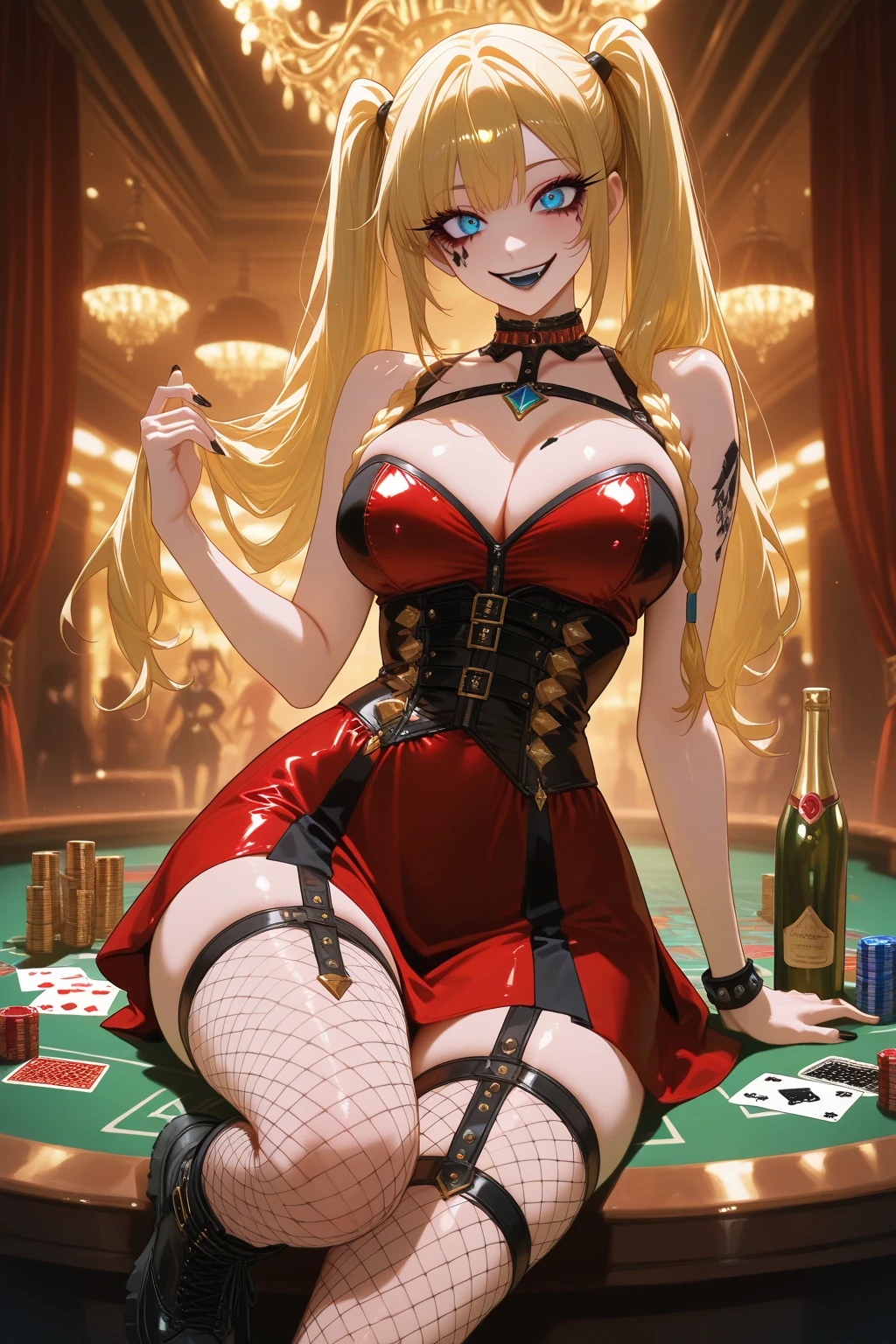 La mujer, camarera, waitress, medias, stockings, tacones, hig heels, casino al fondo, muy detallado, Realistic long-term photography., 4k, pelo largo, blonde hair, pelo rubio, By the chestnut, labios rosas, tatuaje, tatoo, leg tatoo, sexy,pink lips, grey eyes,ojos grises, big breasts, pechos grandes, breasts, BlackRealStockings